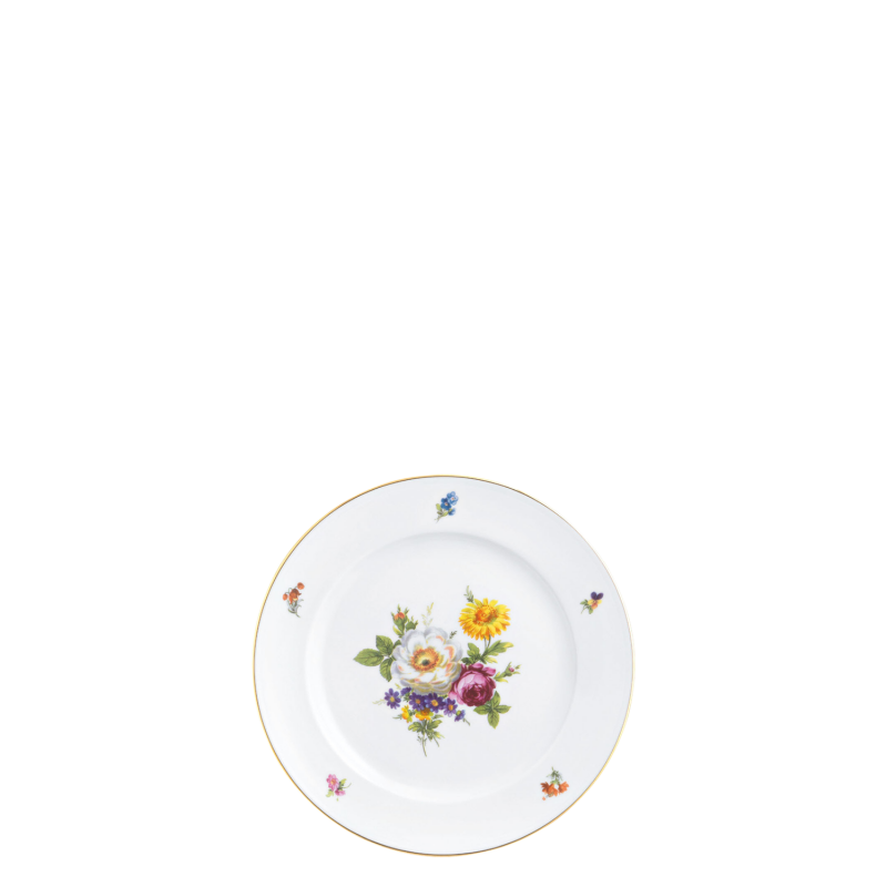Weißer Teller mit buntem Blumenmuster, goldener Rand, dekorativ. Fürstenberg Porzellan.