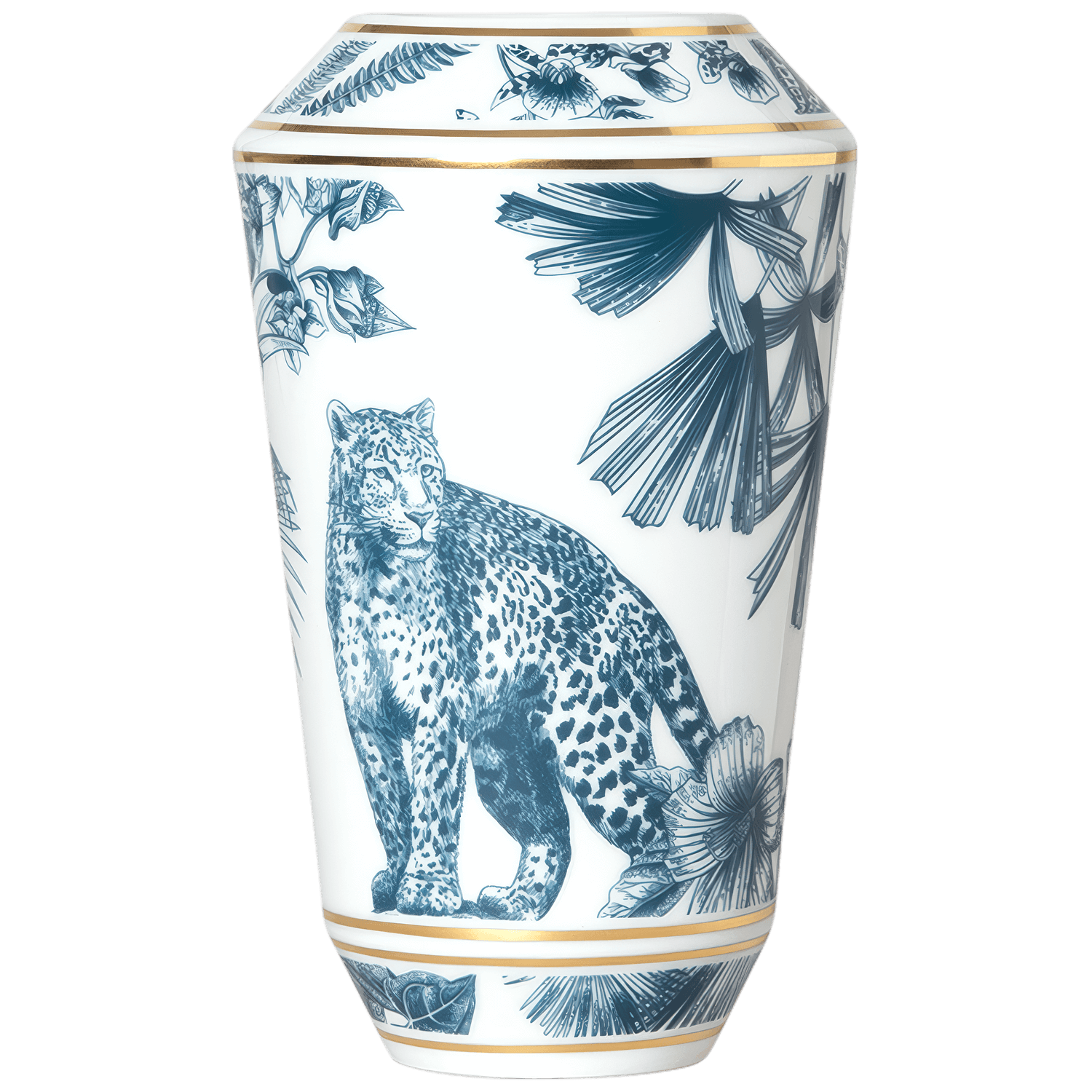Weiße Vase mit blauem Leopardenmuster und Palmdekoration, goldene Akzentlinien. Fürstenberg Porzellan.