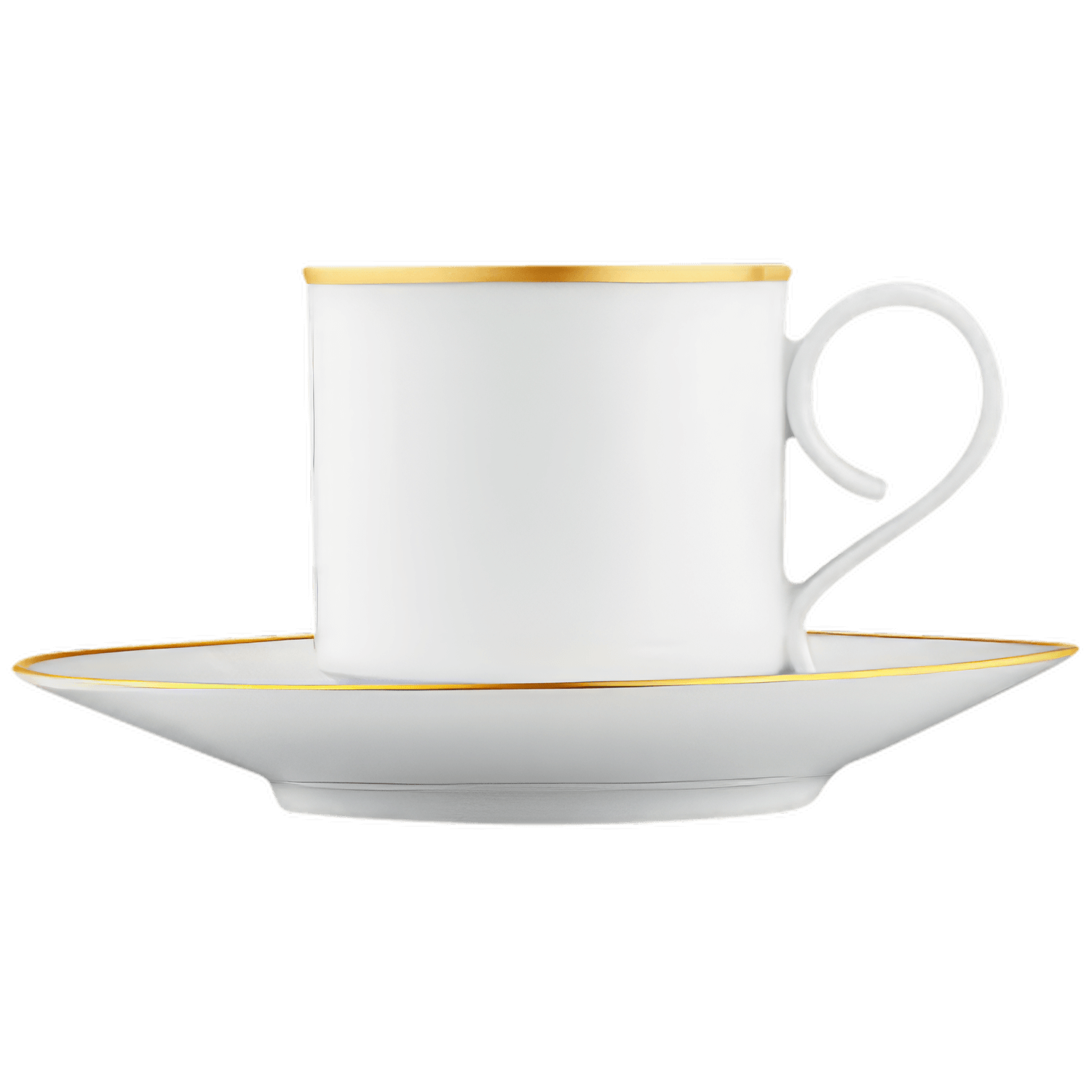 Weiße Porzellantasse mit goldenen Rändern auf passender Untertasse. Fürstenberg Porzellan.
