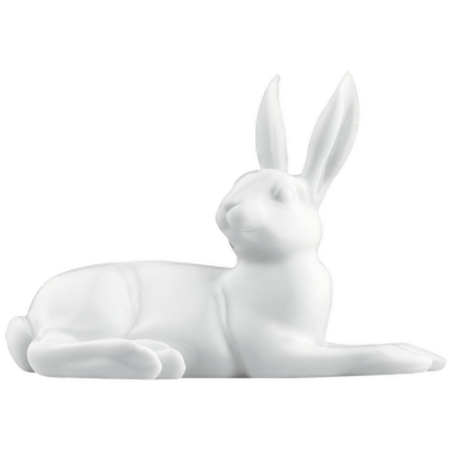 Porzellan-Hase liegt ruhig mit erhobenen Ohren auf schwarzem Hintergrund. Fürstenberg Porzellan.