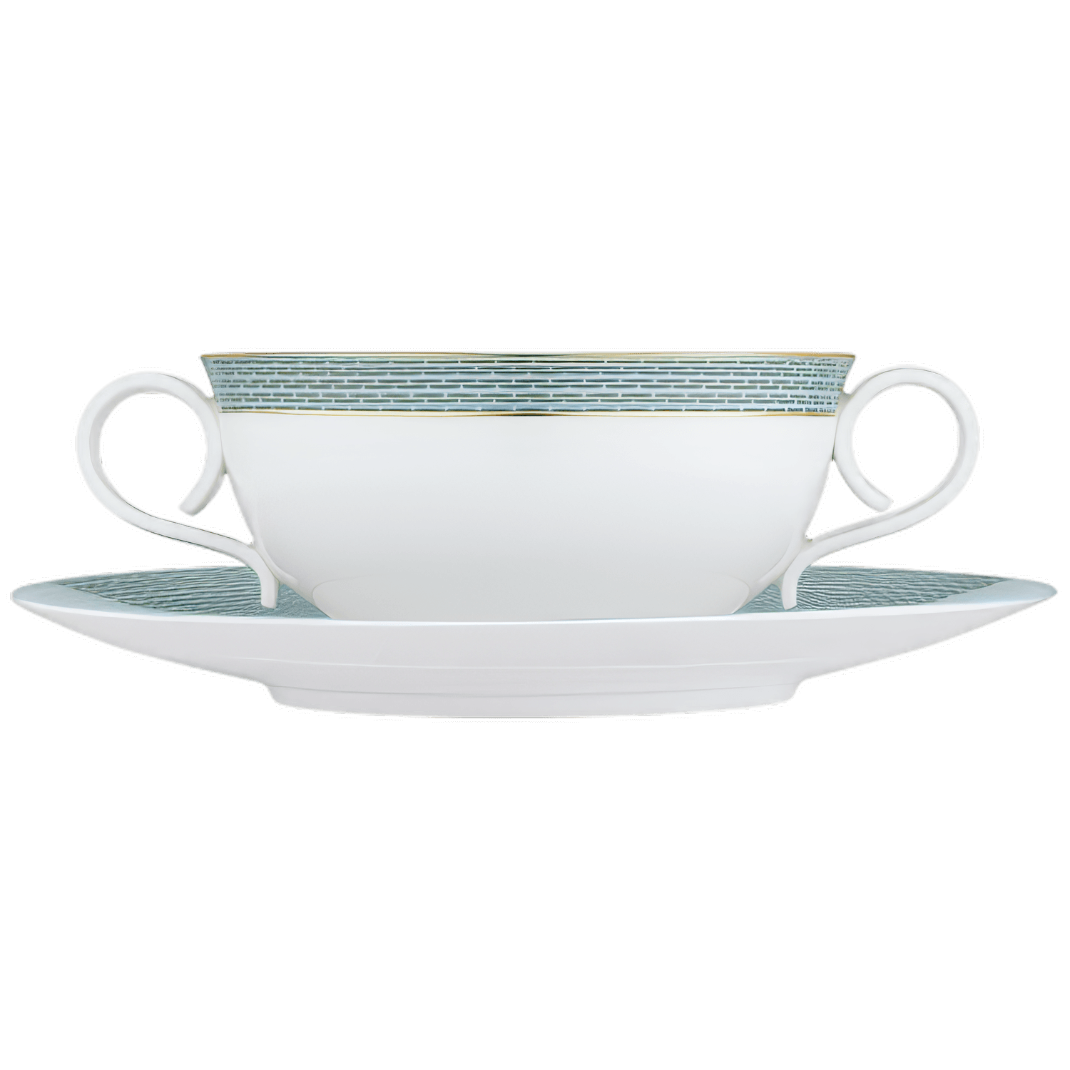 Weiße Henkeltasse mit blauem Rand auf passender Untertasse; elegant gestaltet. Fürstenberg Porzellan.