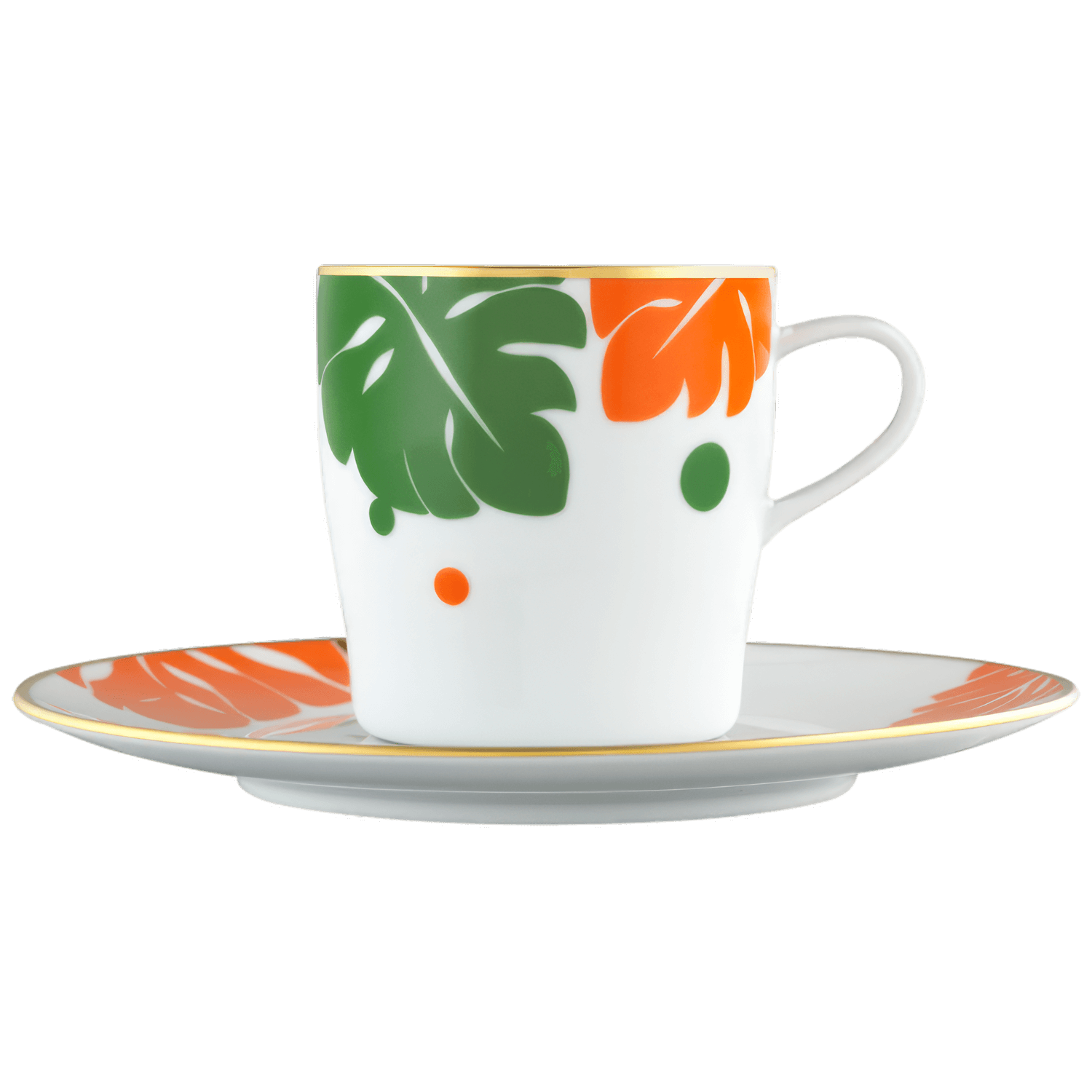 Tasse mit grünen und orangefarbenen Blättern, stehend auf passendem Unterteller. Fürstenberg Porzellan.
