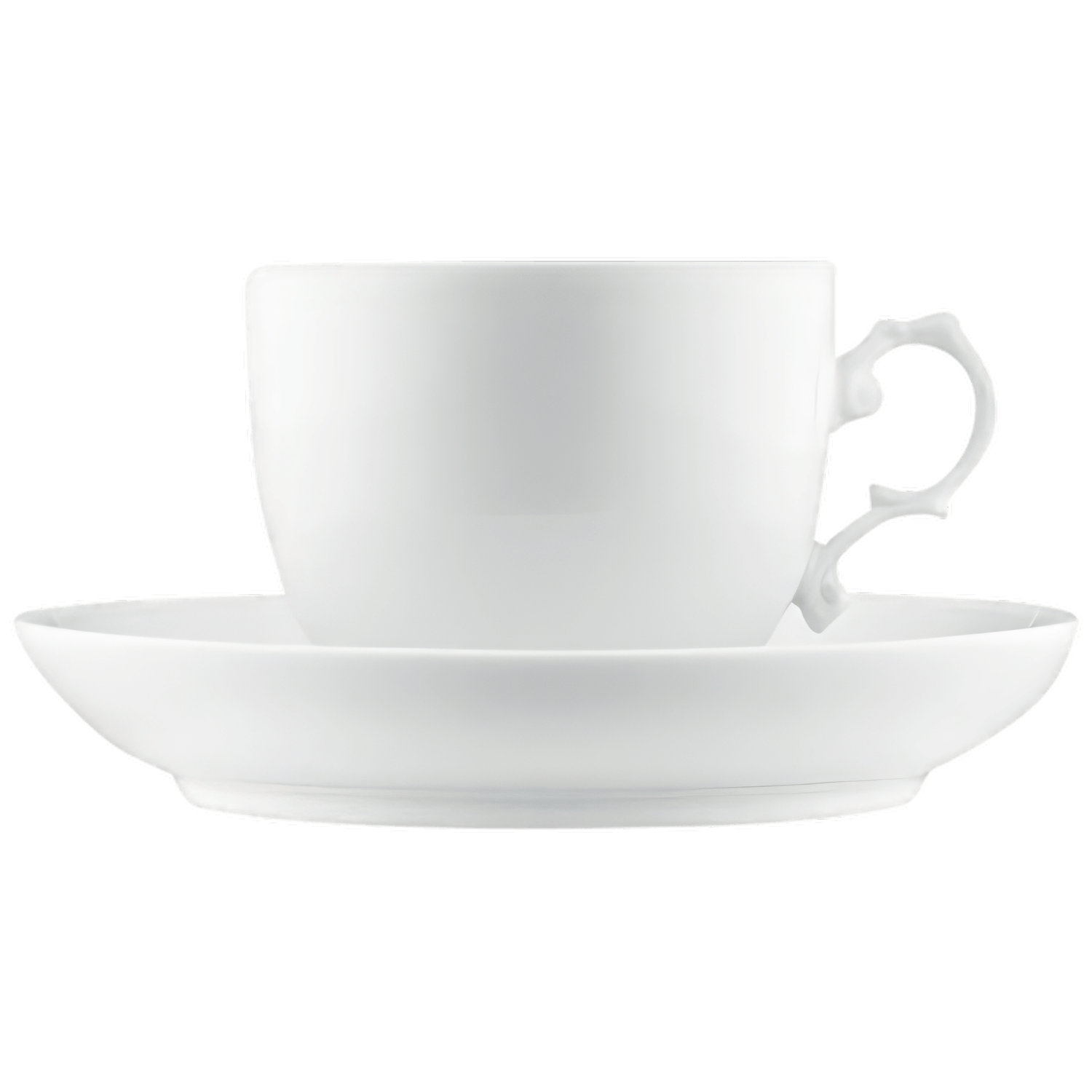 Weiße Kaffeetasse mit Untertasse, auf weißem Hintergrund. Fürstenberg Porzellan.