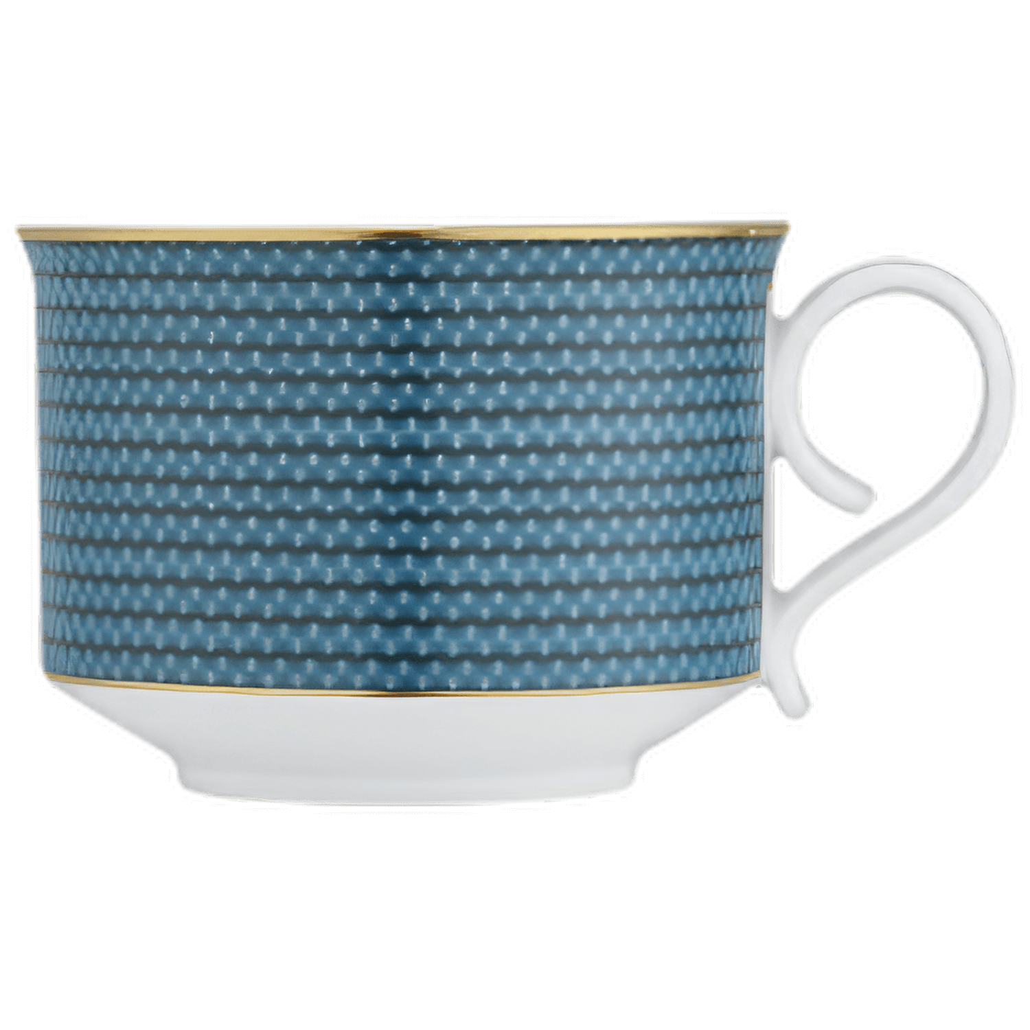Blaue Teetasse mit goldenem Rand, auf schwarzem Hintergrund. Fürstenberg Porzellan.