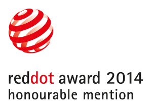 Rot-weißes Logo zeigt „red dot award 2014 honourable mention“ Text. Fürstenberg Porzellan.