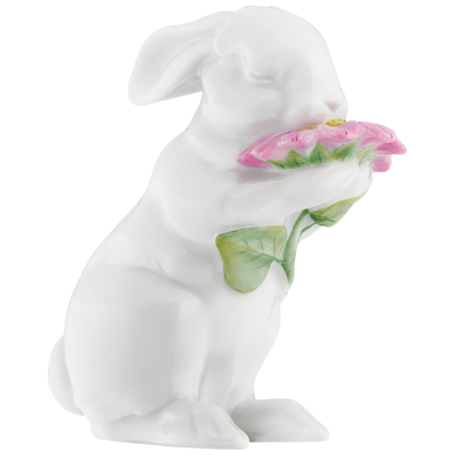 Weiße Hasenfigur hält rosa Blume mit grünen Blättern. Fürstenberg Porzellan.
