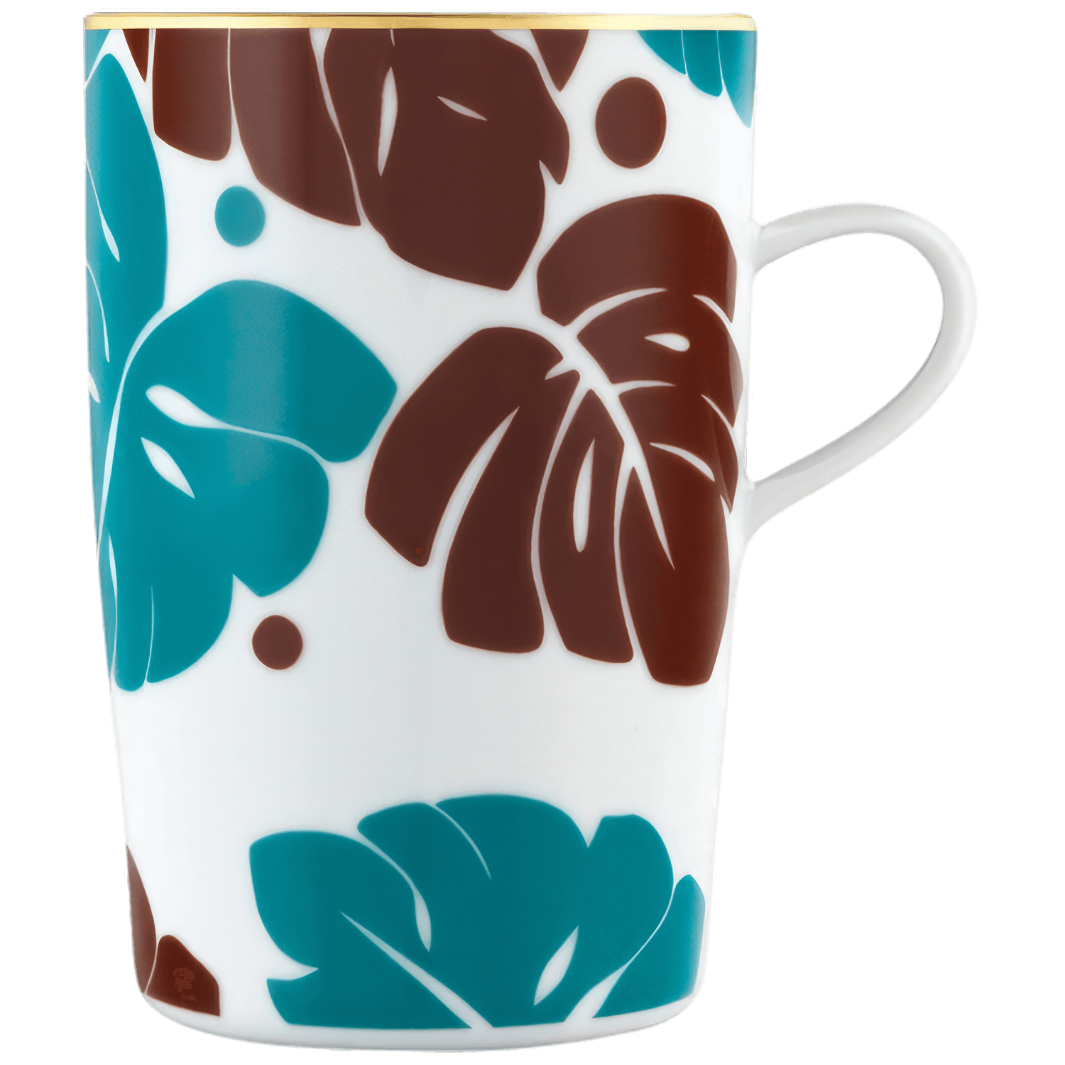 Tasse mit blauen und braunen Monstera-Blättern verziert, goldener Rand. Fürstenberg Porzellan.
