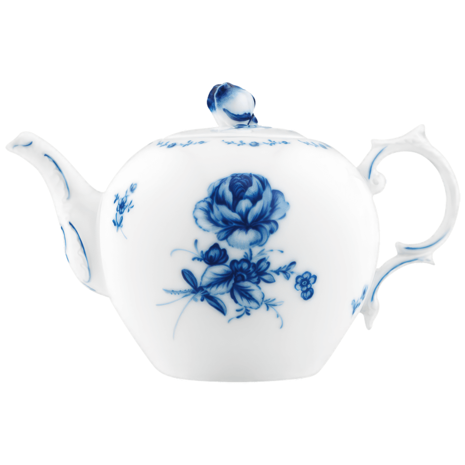 Weiße Porzellankanne mit blauen Blumenmotiven und geschwungenem Henkel. Fürstenberg Porzellan.