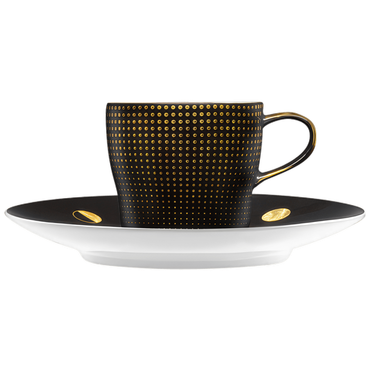 Schwarze Espressotasse mit goldenen Punkten, steht auf schwarzer Untertasse. Fürstenberg Porzellan.