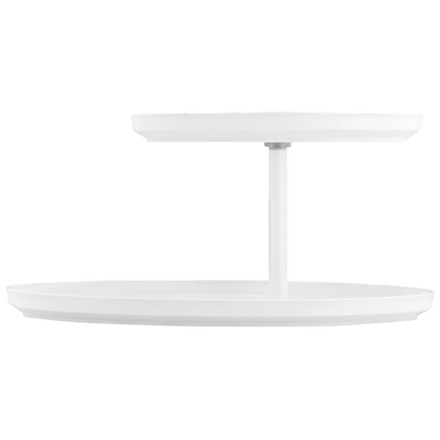 Zweistöckige Etagere mit weißem Porzellan, minimalistisch gestaltet. Fürstenberg Porzellan.