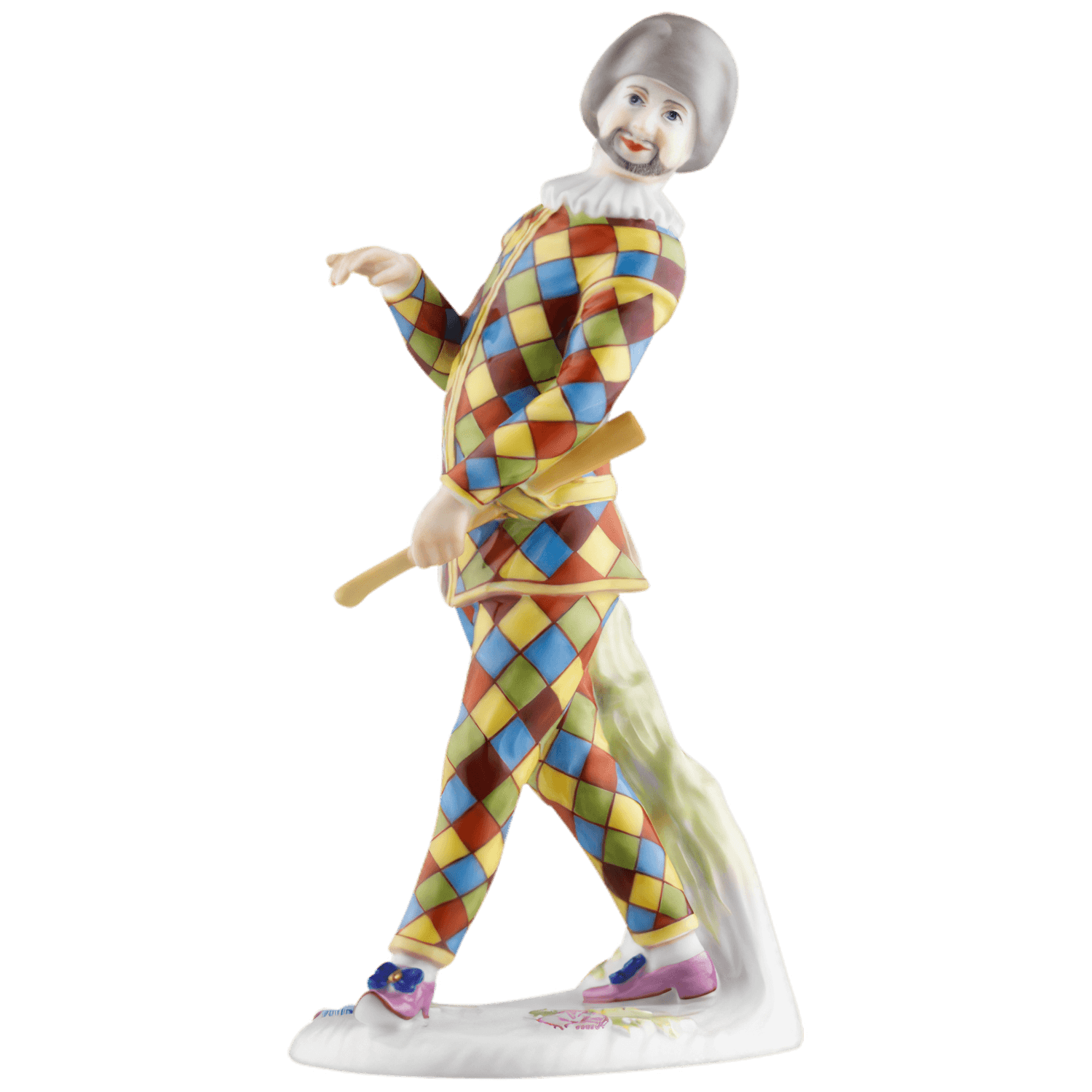 Porzellanfigur Harlekin tanzt in buntem Rautenkostüm, hält Stock. Fürstenberg Porzellan.