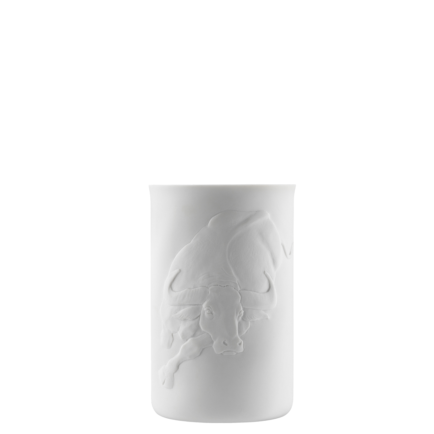 Weiße Vase mit reliefartigem Stiermotiv auf glattem Hintergrund. Fürstenberg Porzellan.