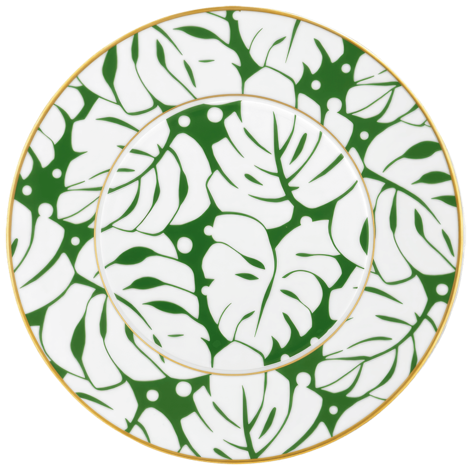 Porzellanteller mit grünem Monstera-Blattmuster und goldenen Rändern. Fürstenberg Porzellan.