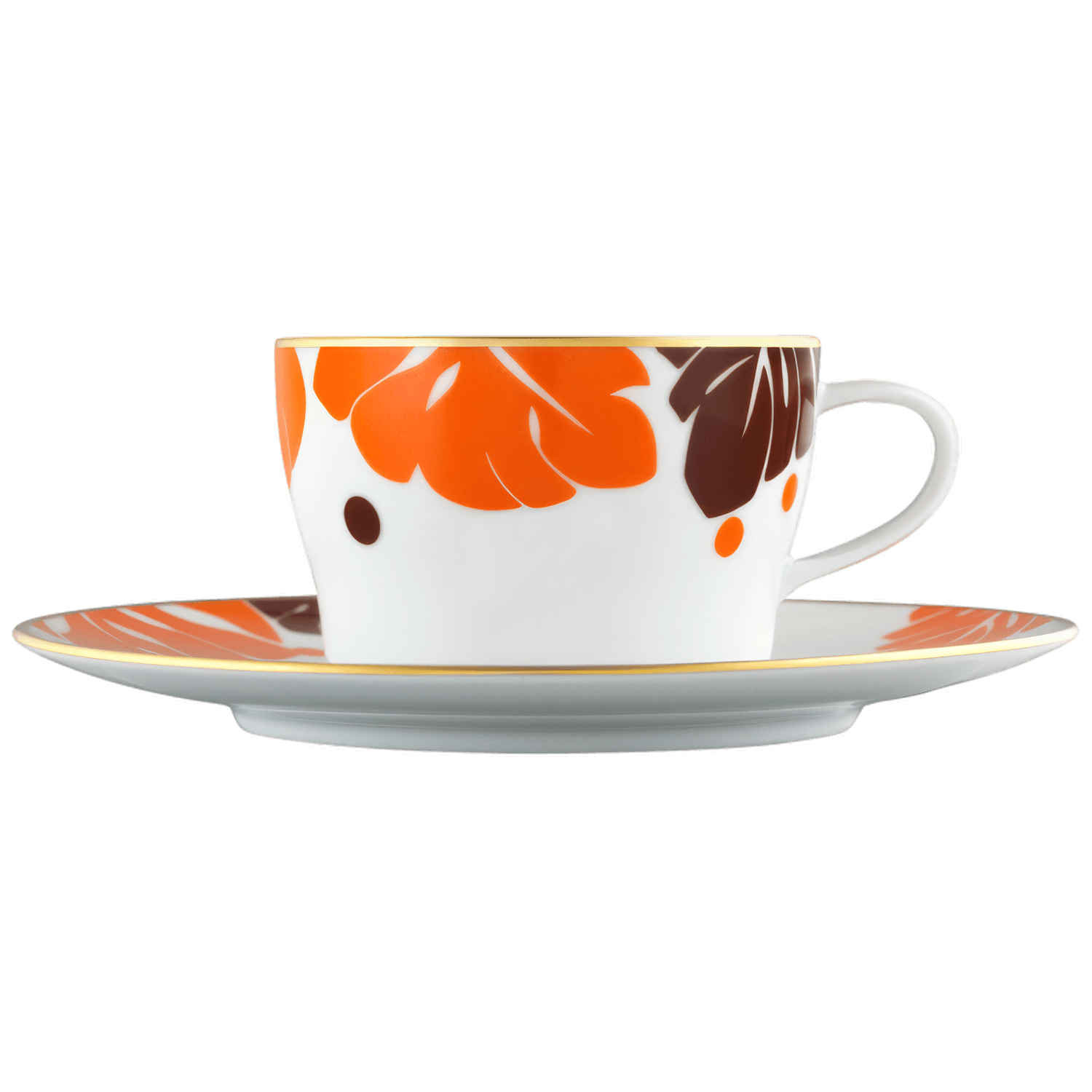 Tasse mit Untertasse, orange-braune Blätter, auf weißem Porzellan. Fürstenberg Porzellan.