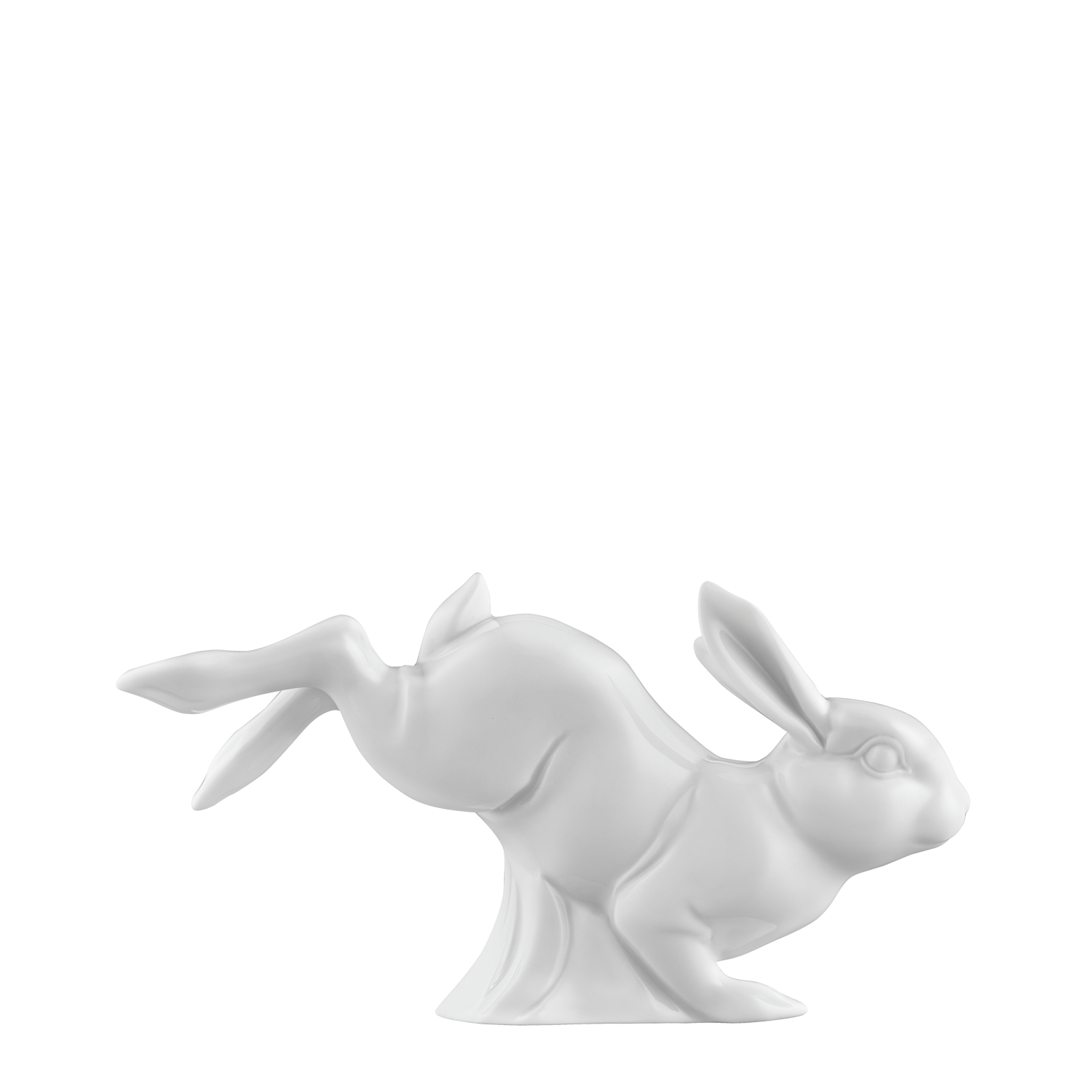 Porzellanfigur eines springenden Hasen auf weißem Hintergrund. Fürstenberg Porzellan.