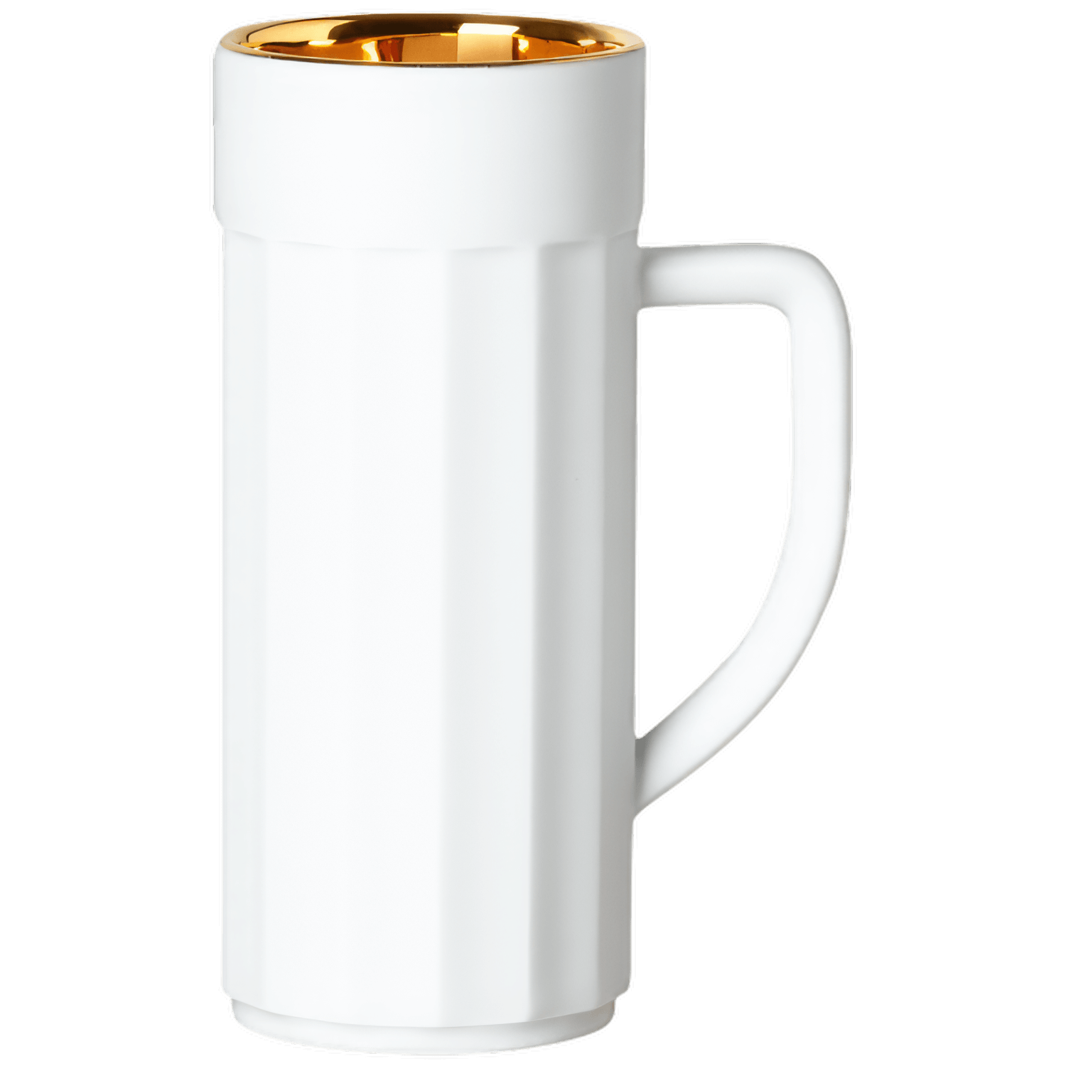Weiße, geriffelte Tasse mit goldenem Innenrand, stehend auf weißem Hintergrund. Fürstenberg Porzellan.