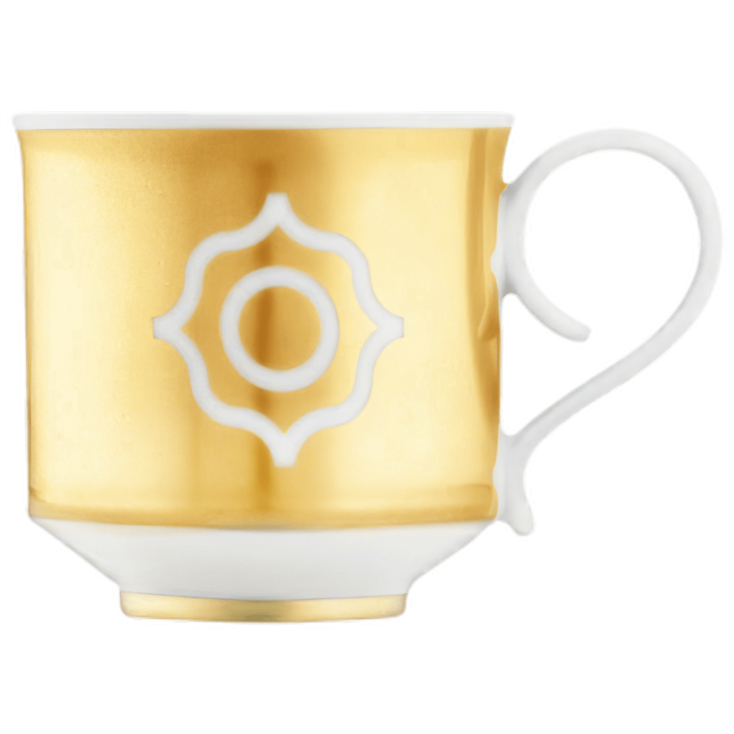 Goldene Tasse mit weißem Ornament auf schwarzem Hintergrund. Fürstenberg Porzellan.