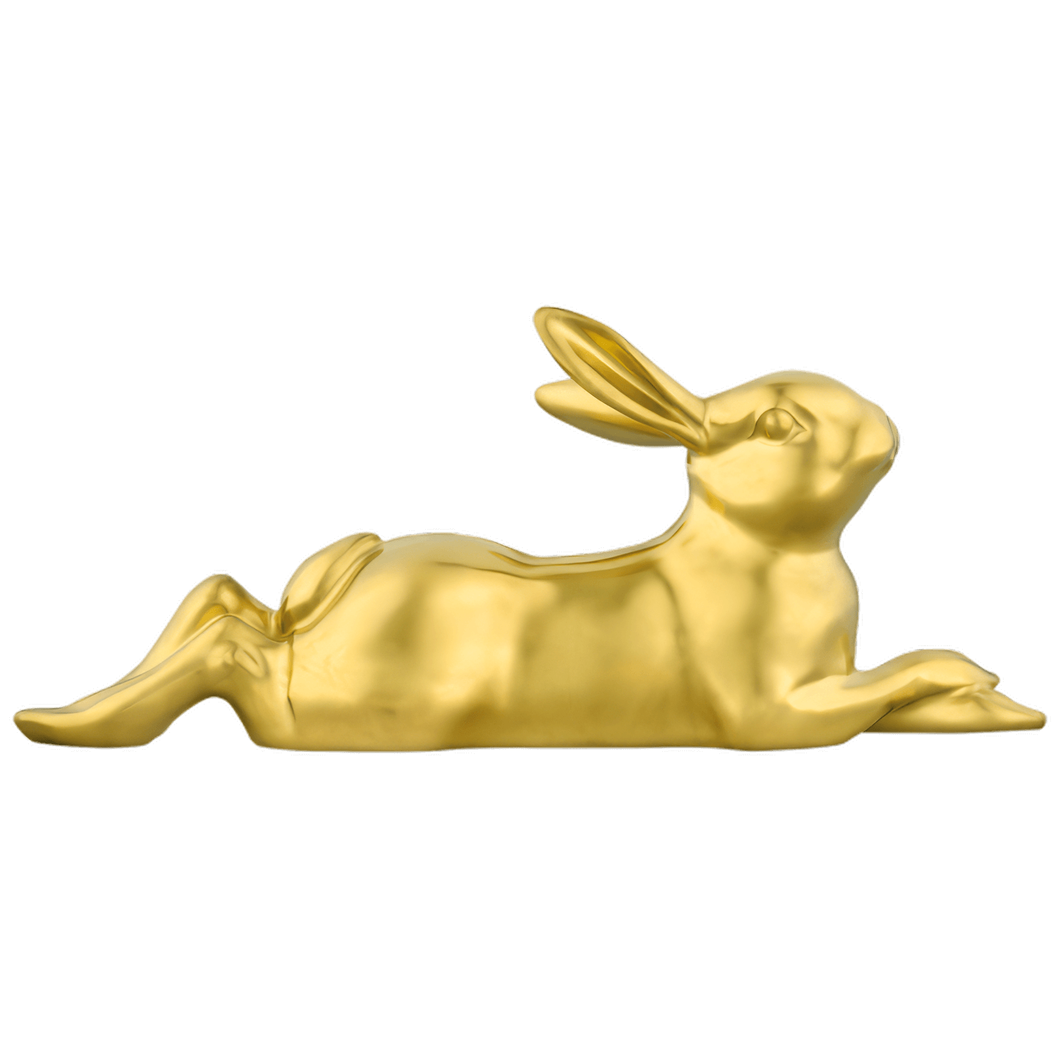Goldener Porzellan-Hase liegt entspannt, präsentiert elegant die markante Form. Fürstenberg Porzellan.