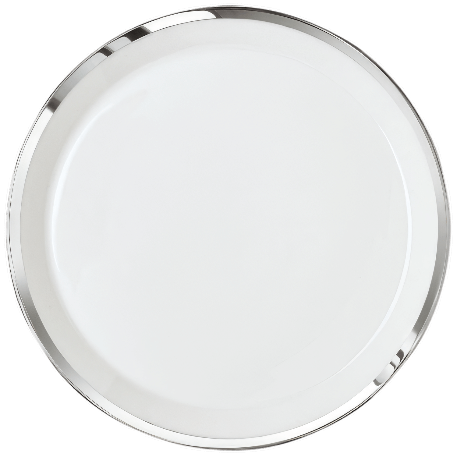 Weißer Teller mit silbernem Rand, frontal und seitlich abgebildet. Fürstenberg Porzellan.