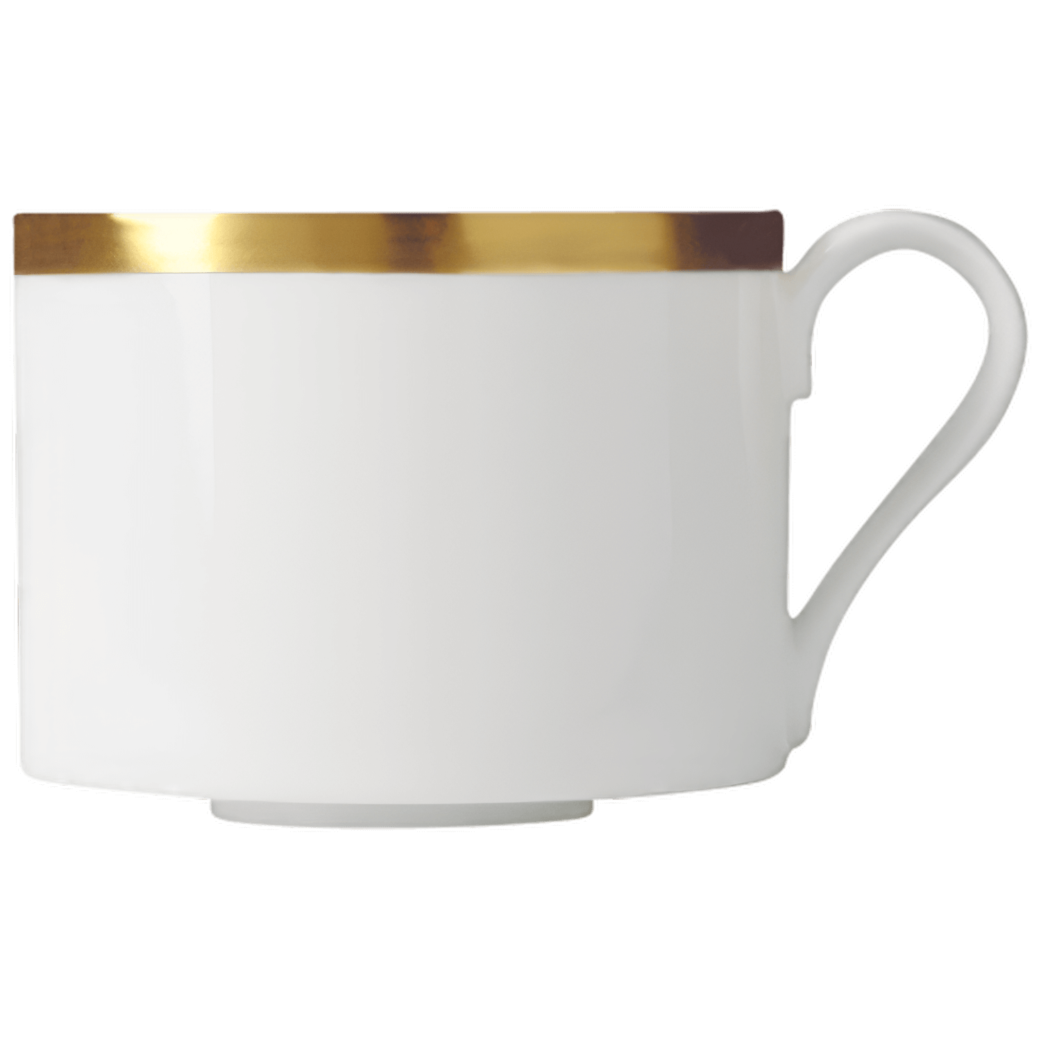 Weiße Tasse mit goldenem Rand steht vor weißem Hintergrund. Fürstenberg Porzellan.