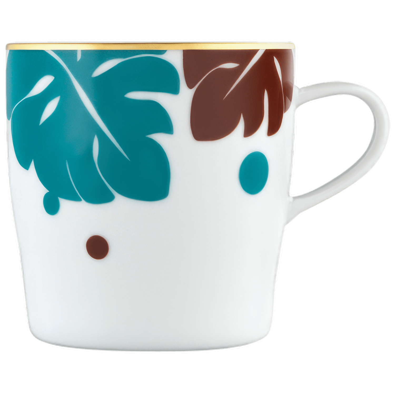 Weiße Tasse mit blau-braunen Blättern und Punkten, goldener Rand. Fürstenberg Porzellan.