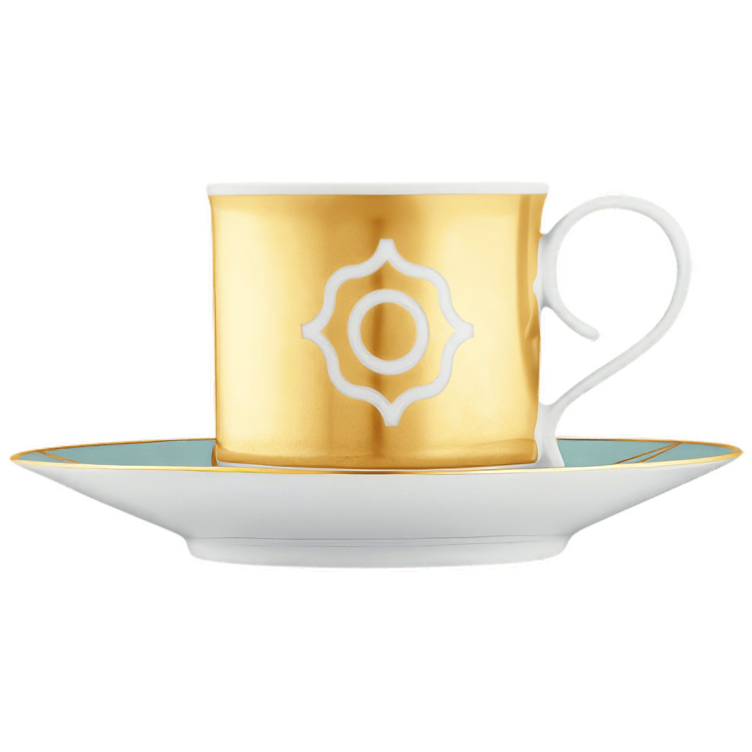 Goldene Espressotasse mit weißem floralen Muster auf passender Untertasse. Fürstenberg Porzellan.