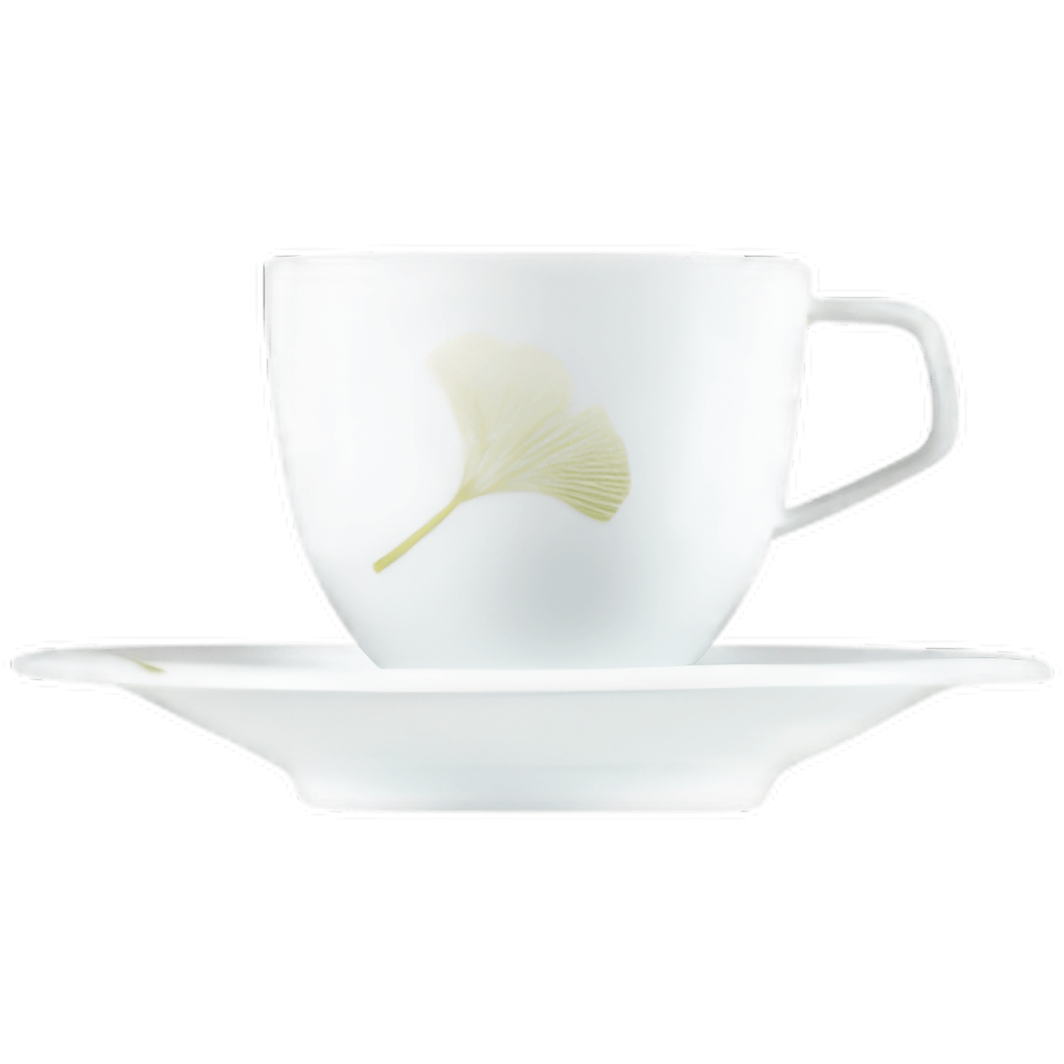 Weiße Porzellantasse mit Ginkgoblatt-Design auf passender Untertasse. Fürstenberg Porzellan.