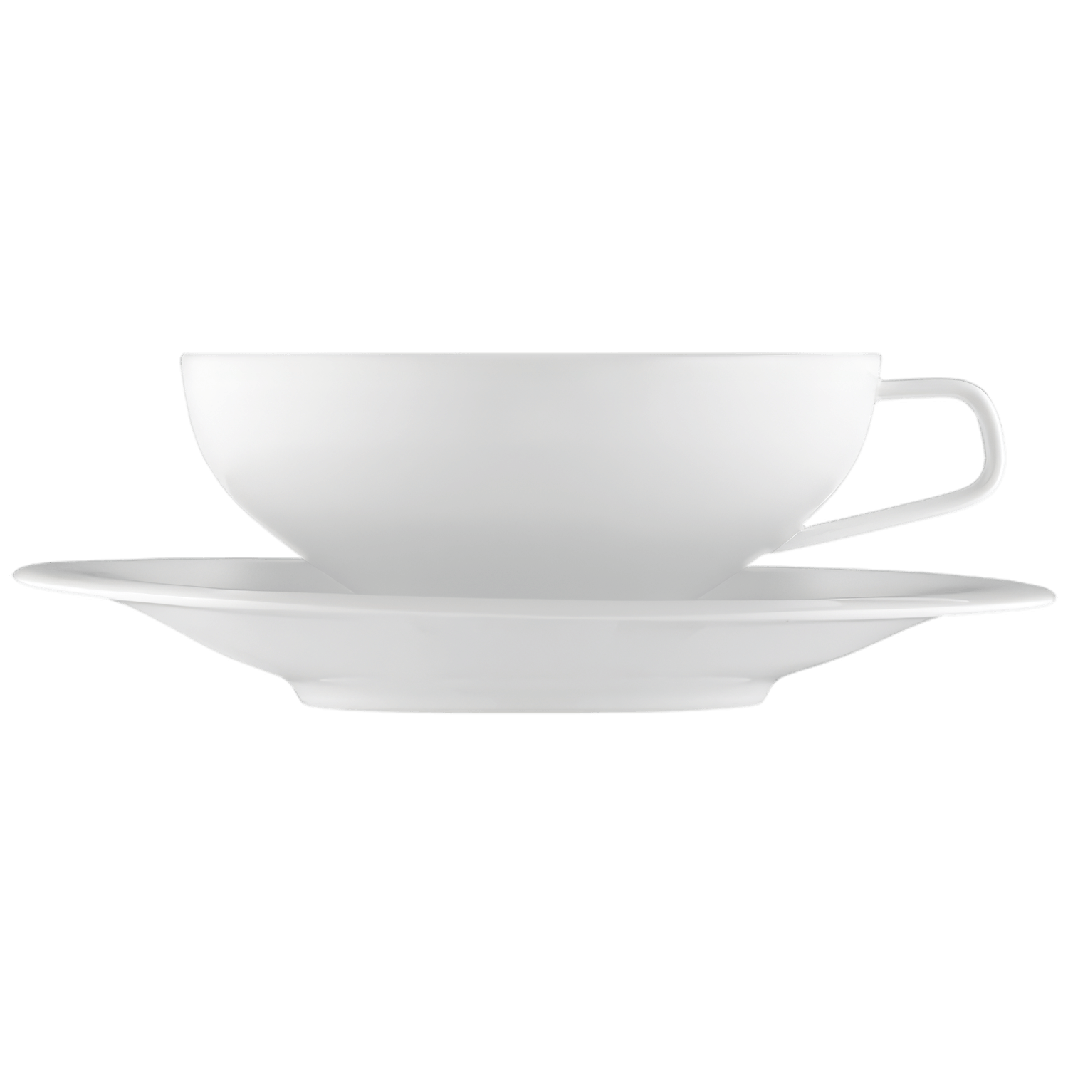 Weiße Kaffeetasse mit Untertasse, seitlich platziert, auf neutralem Hintergrund. Fürstenberg Porzellan.