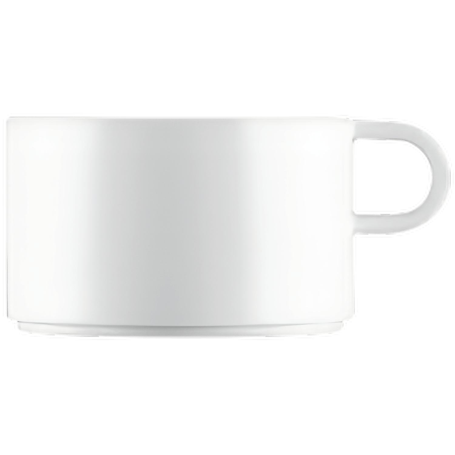 Weiße Teetasse mit Henkel vor schwarzem Hintergrund, minimalistisch. Fürstenberg Porzellan.