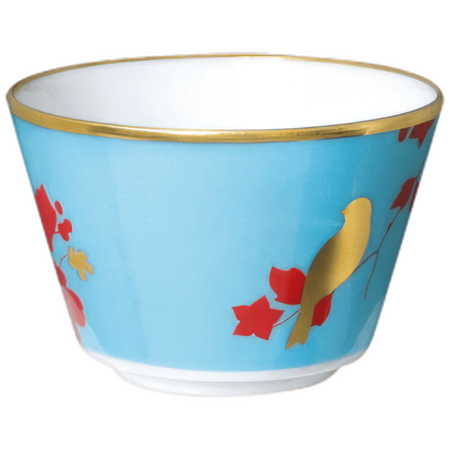 Blaue Tasse mit goldenen Vögeln und roten Blättern, stehend. Fürstenberg Porzellan.