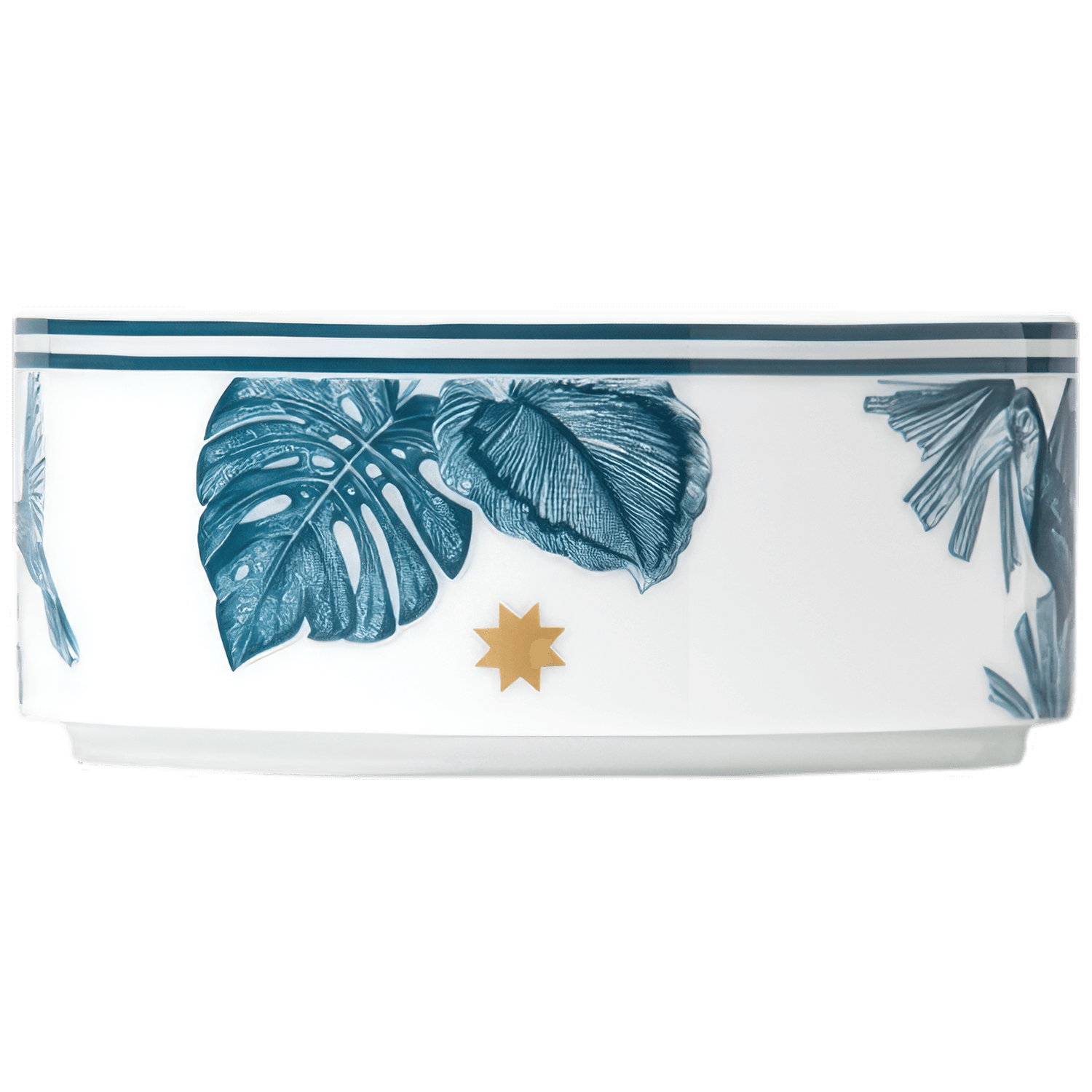 Weiße Porzellan-Schale mit blauen Blättermotiven und goldener Sternverzierung. Fürstenberg Porzellan.