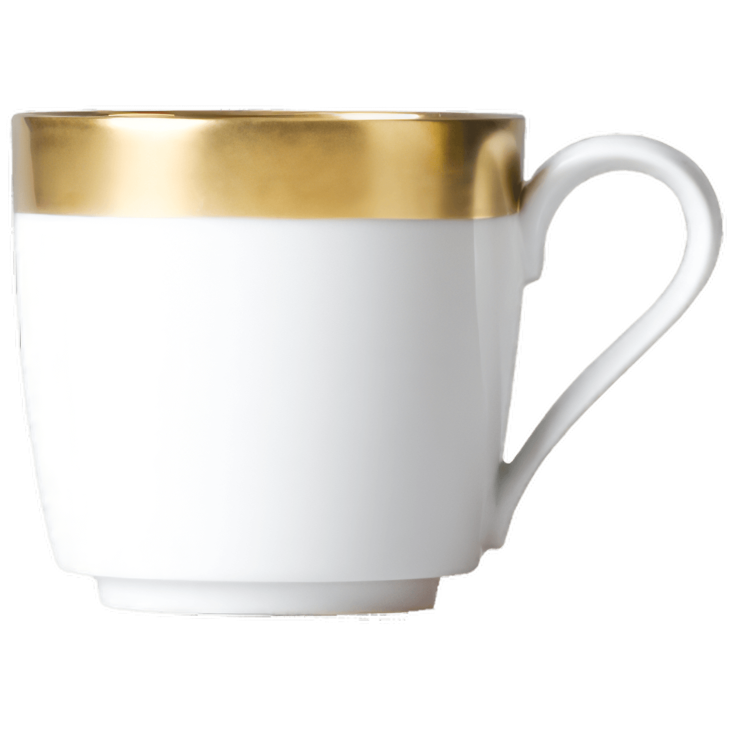 Weiße Tasse mit goldener Oberkante, steht aufrecht, neutraler Hintergrund. Fürstenberg Porzellan.