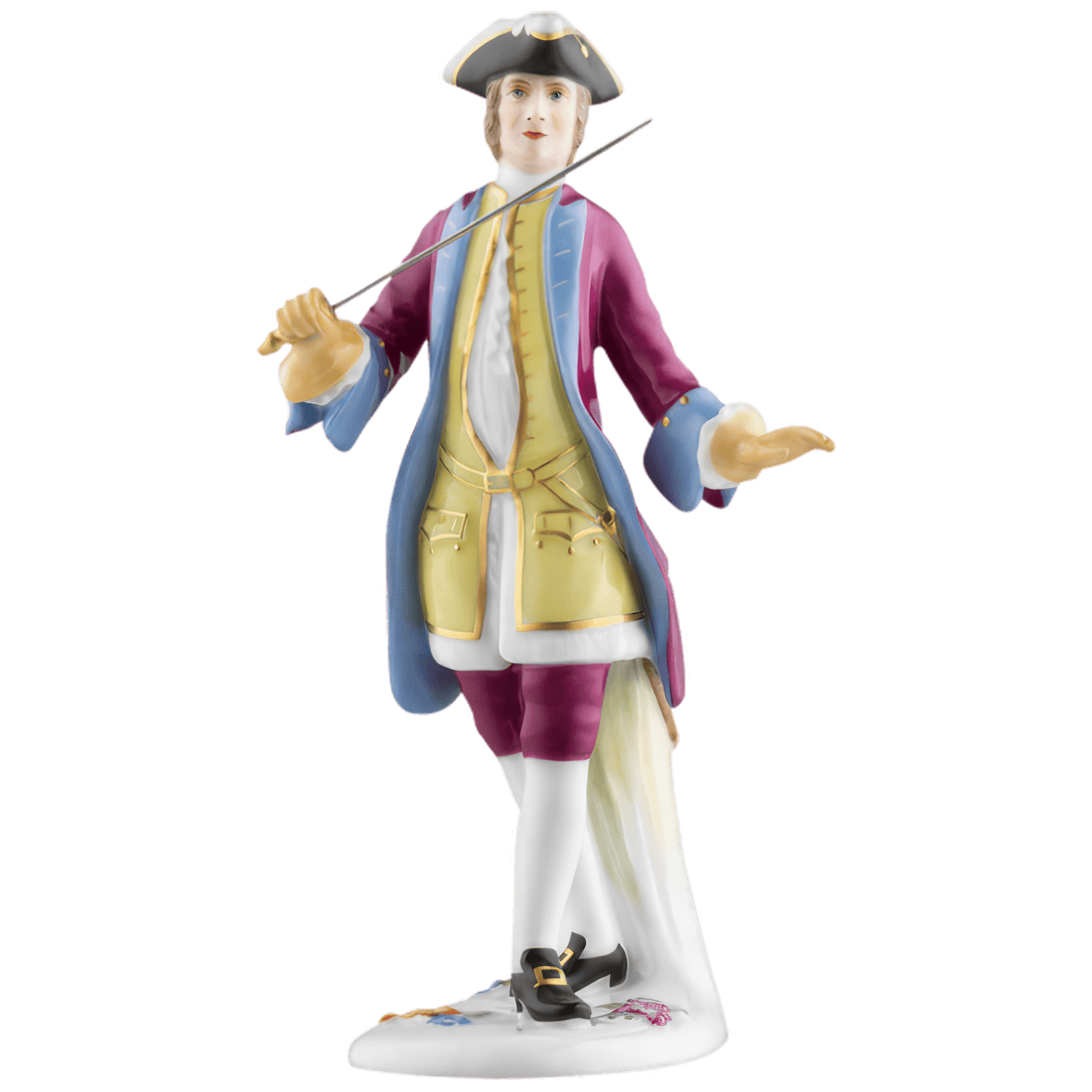 Porzellanfigur im historischen Kostüm, hält einen Degen, steht auf Blumenbasis. Fürstenberg Porzellan.