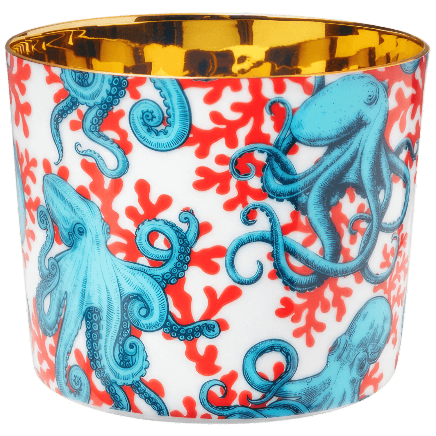 Porzellantasse mit blauer Oktopus- und roter Korallendekoration, innen goldfarben. Fürstenberg Porzellan.