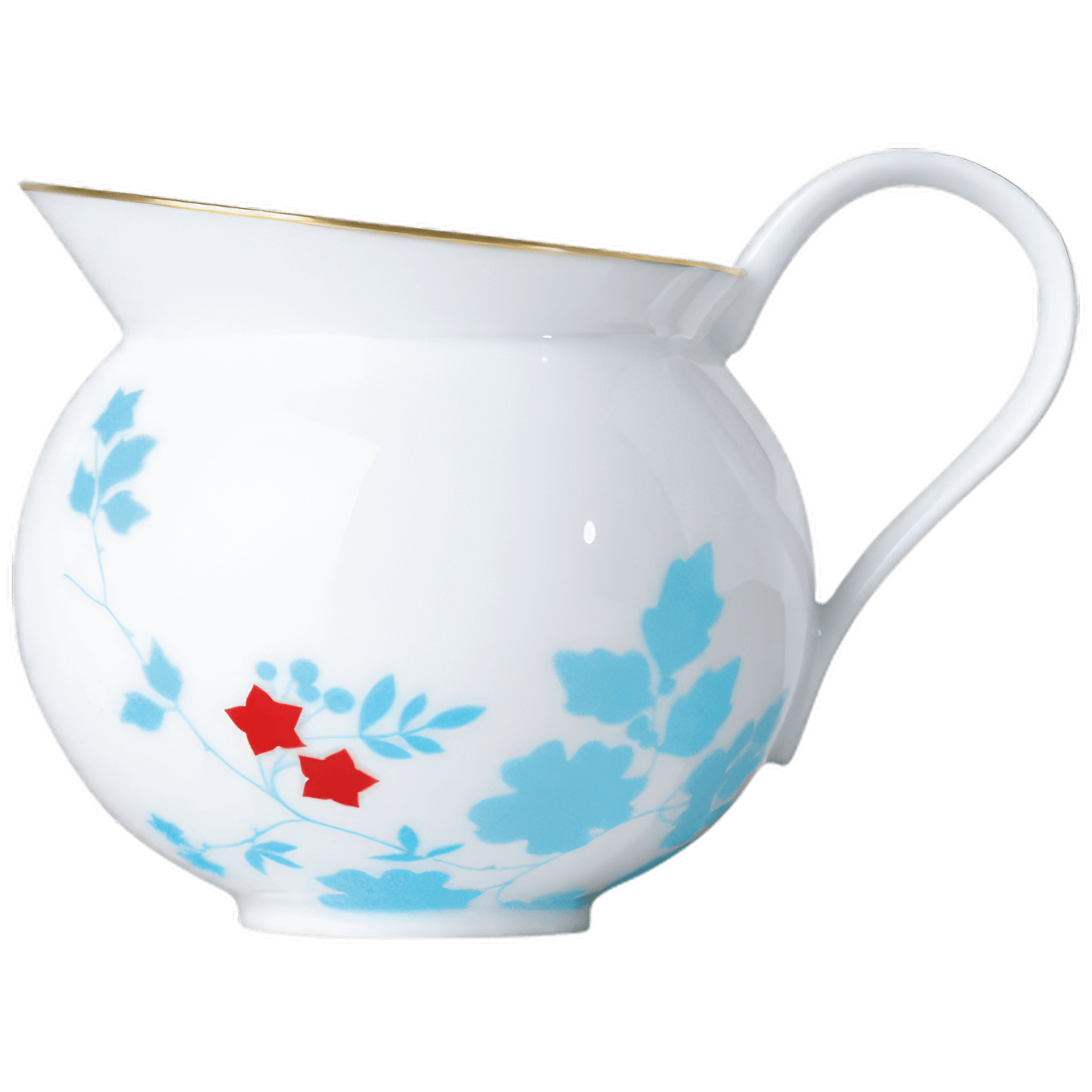 Weiße Porzellan-Milchkännchen bemalt mit roten und blauen Blumen, Goldrand. Fürstenberg Porzellan.