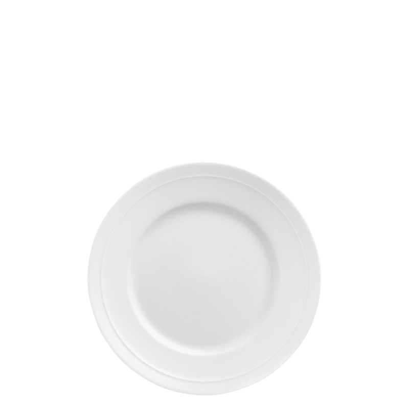 Weißer Porzellanteller mit schlichtem Design, zentriert vor weißem Hintergrund. Fürstenberg Porzellan.