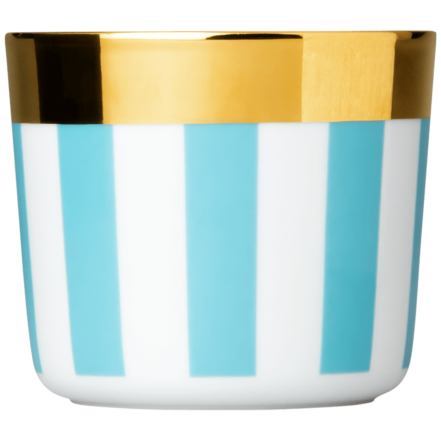 Weißer Porzellanbecher, blaue Streifen, goldener Rand. Fürstenberg Porzellan.