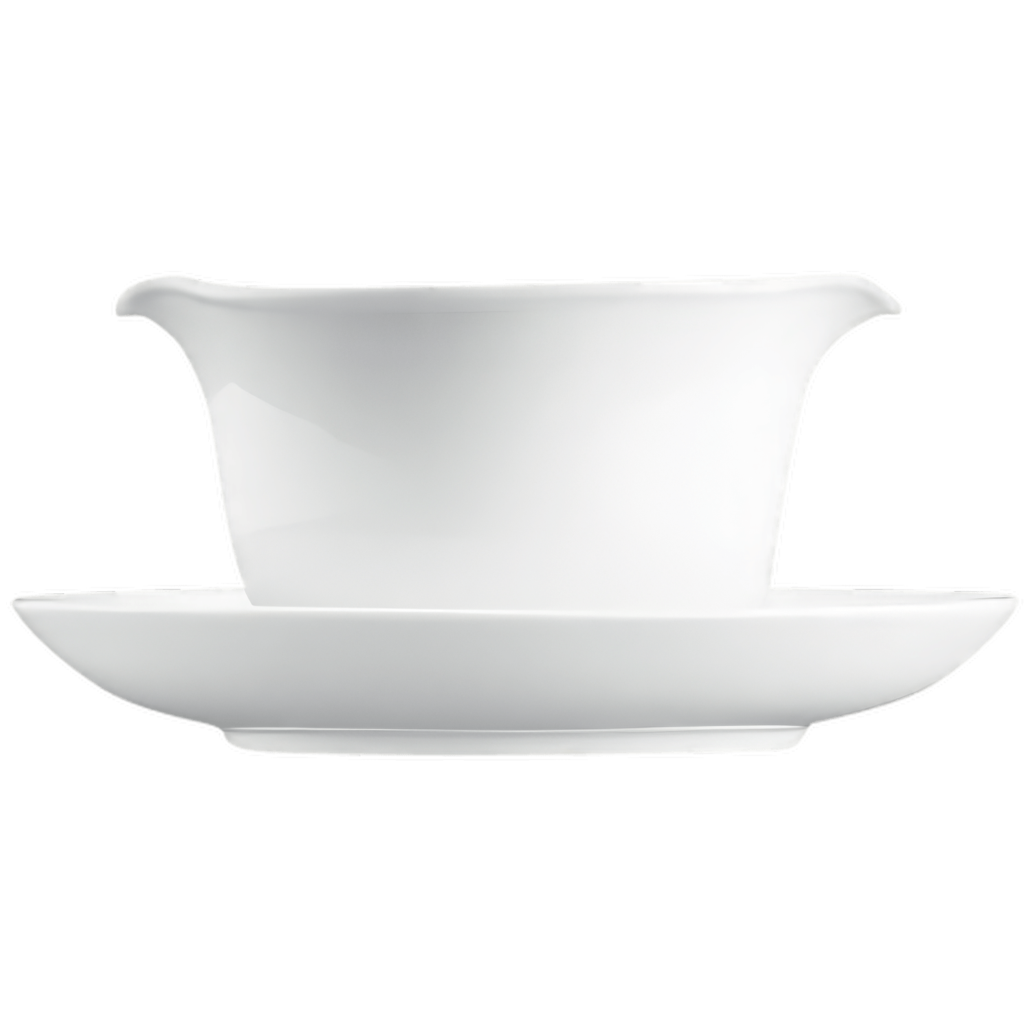 Weiße Porzellan-Sauciere auf passendem Unterteller, minimalistisch gestaltet. Fürstenberg Porzellan.