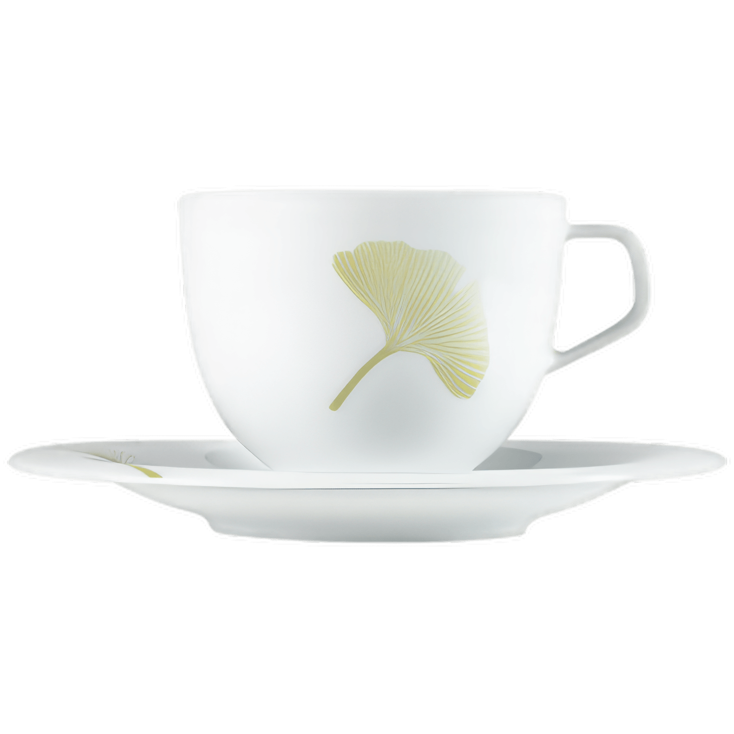 Weiße Tasse mit grünem Gingko-Design, stehend auf passender Untertasse. Fürstenberg Porzellan.