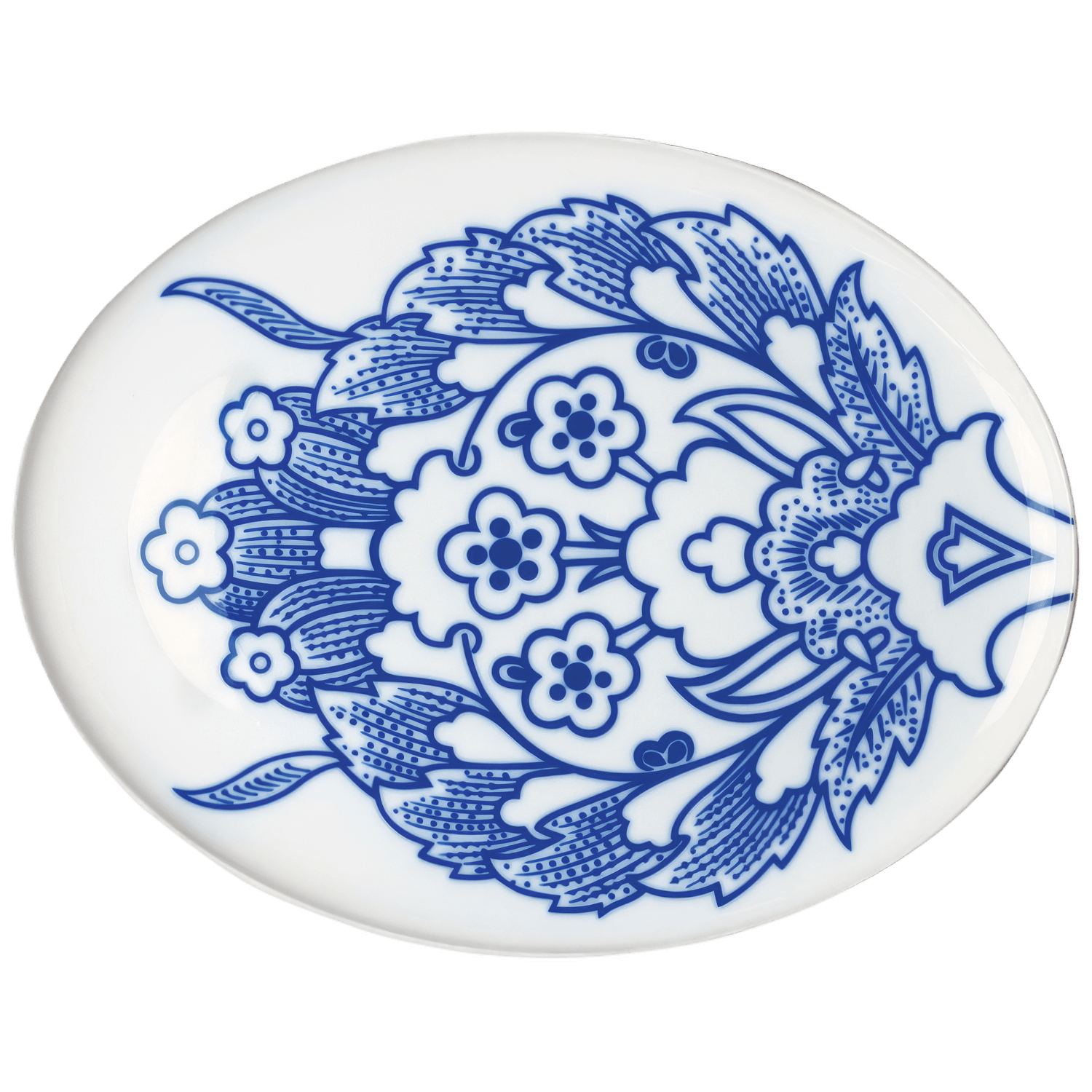 Ovaler Teller, blau-weißes florales Muster, auf weißem Hintergrund. Fürstenberg Porzellan.