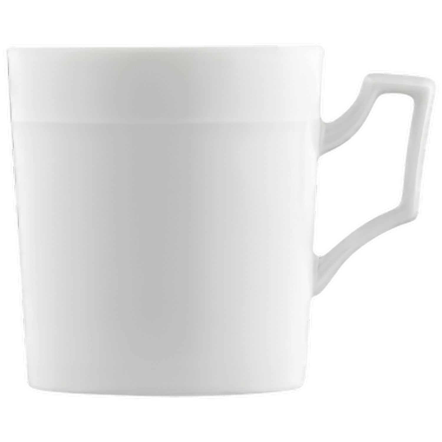 Weiße Tasse mit schlichtem Design auf weißem Hintergrund, Seitenansicht. Fürstenberg Porzellan.