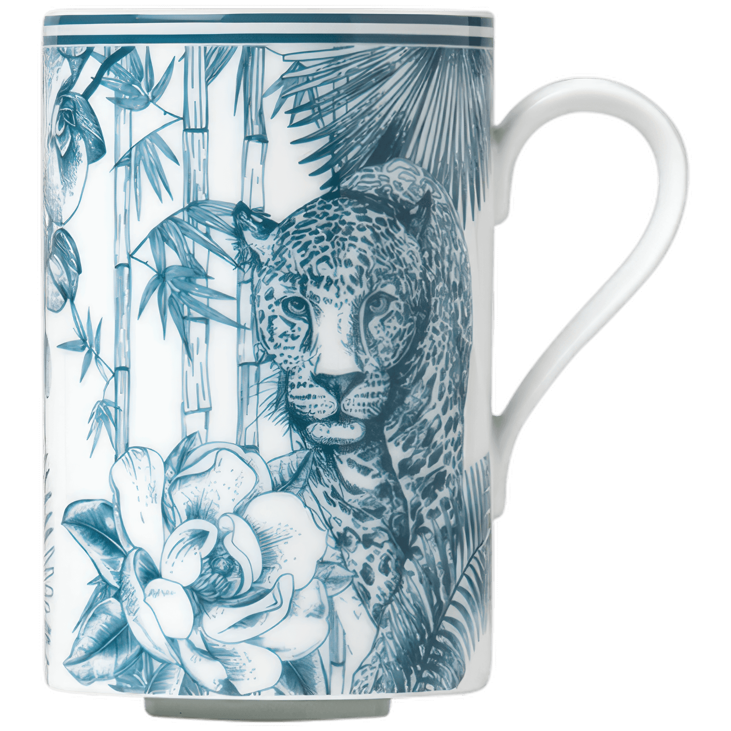 Porzellantasse mit Jaguar, Blumen und Bambus-Motiv auf weißem Hintergrund. Fürstenberg Porzellan.