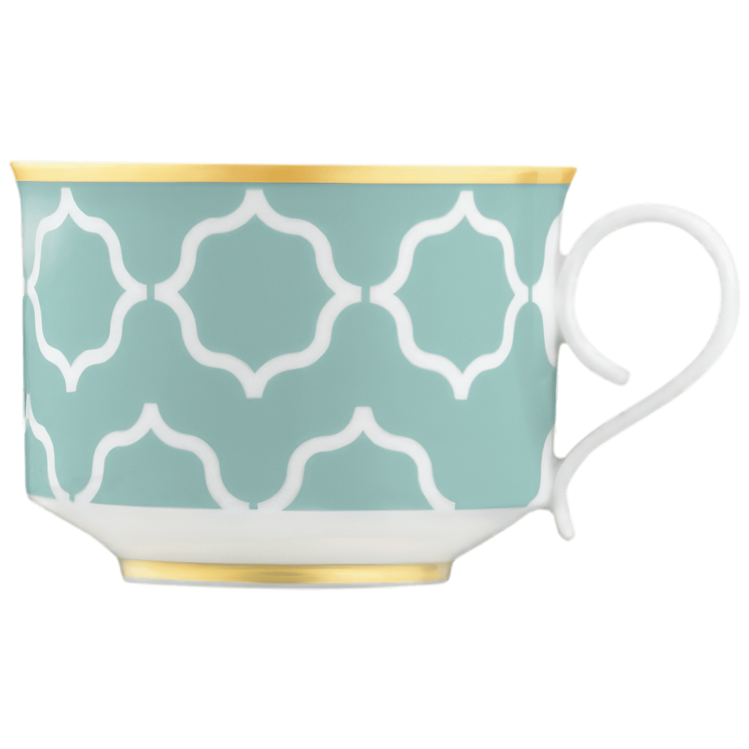 Tasse mit goldenem Rand und türkisem Muster, dekorativ dargestellt. Fürstenberg Porzellan.