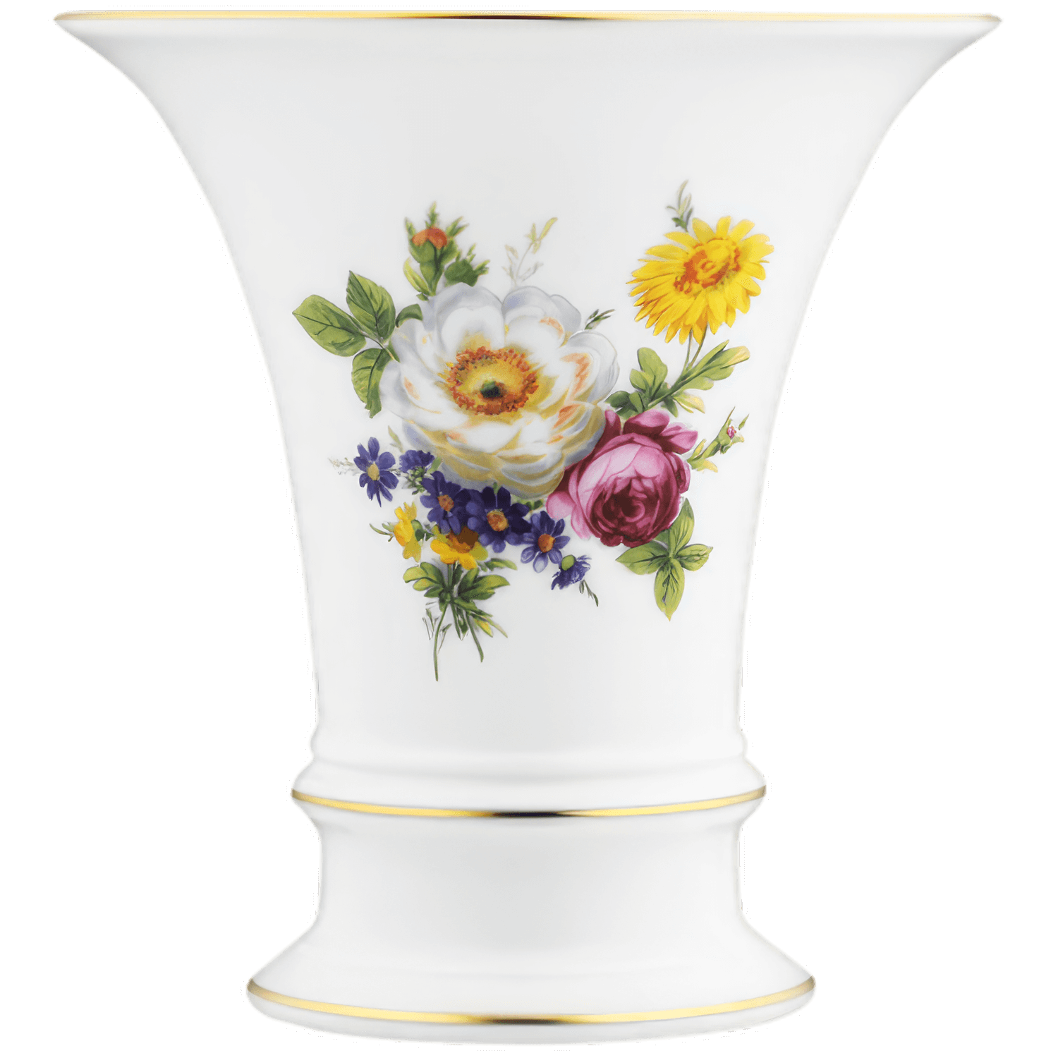 Weiße Porzellanvase mit bunter Blumenmalerei und goldenen Rändern. Fürstenberg Porzellan.