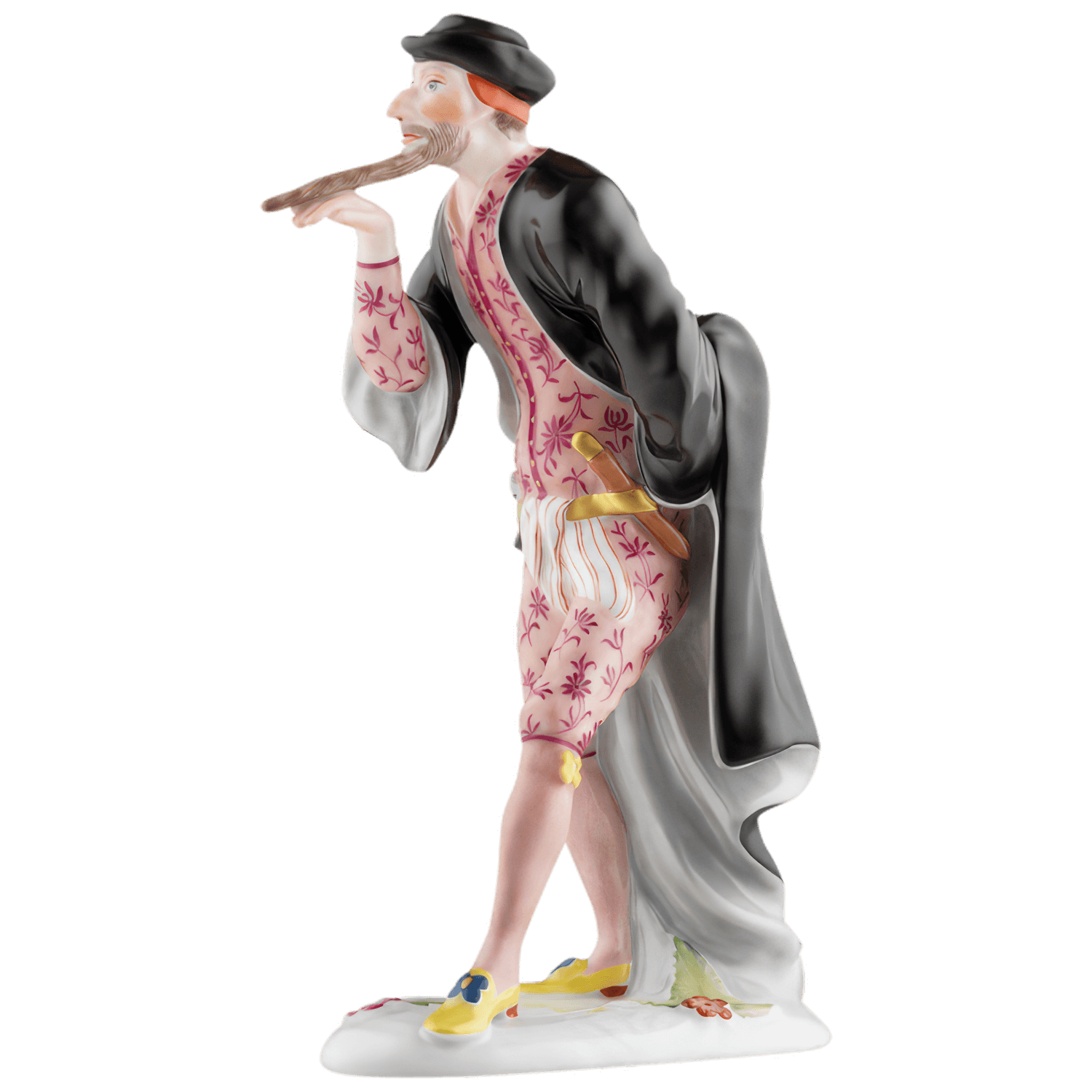 Porzellanfigur spielt Flöte, trägt farbenfrohes Kostüm, steht dekorativ. Fürstenberg Porzellan.