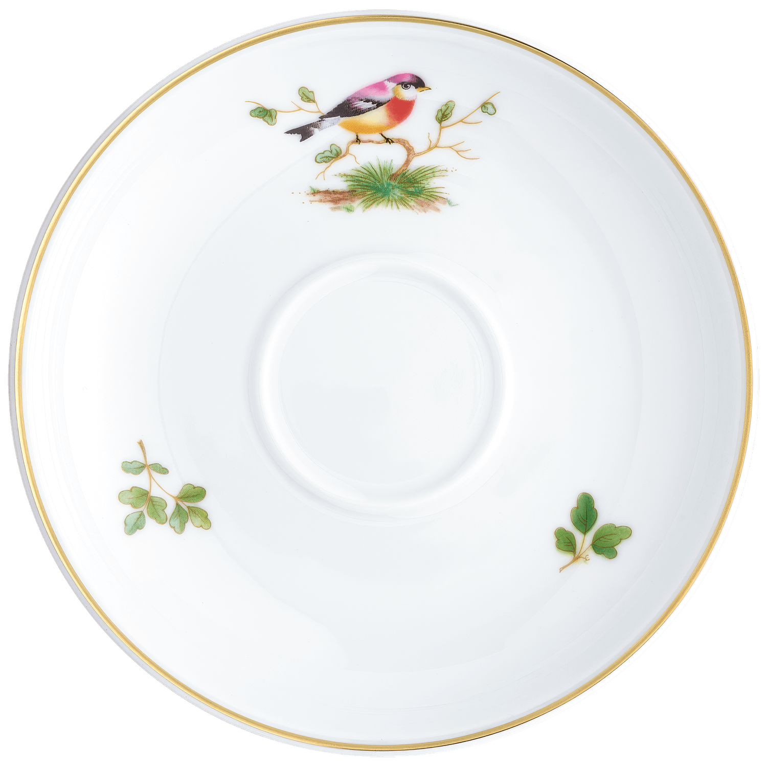 Porzellanteller mit Vogelmotiv und goldener Randverzierung, umgeben von Blattdekorationen. Fürstenberg Porzellan.