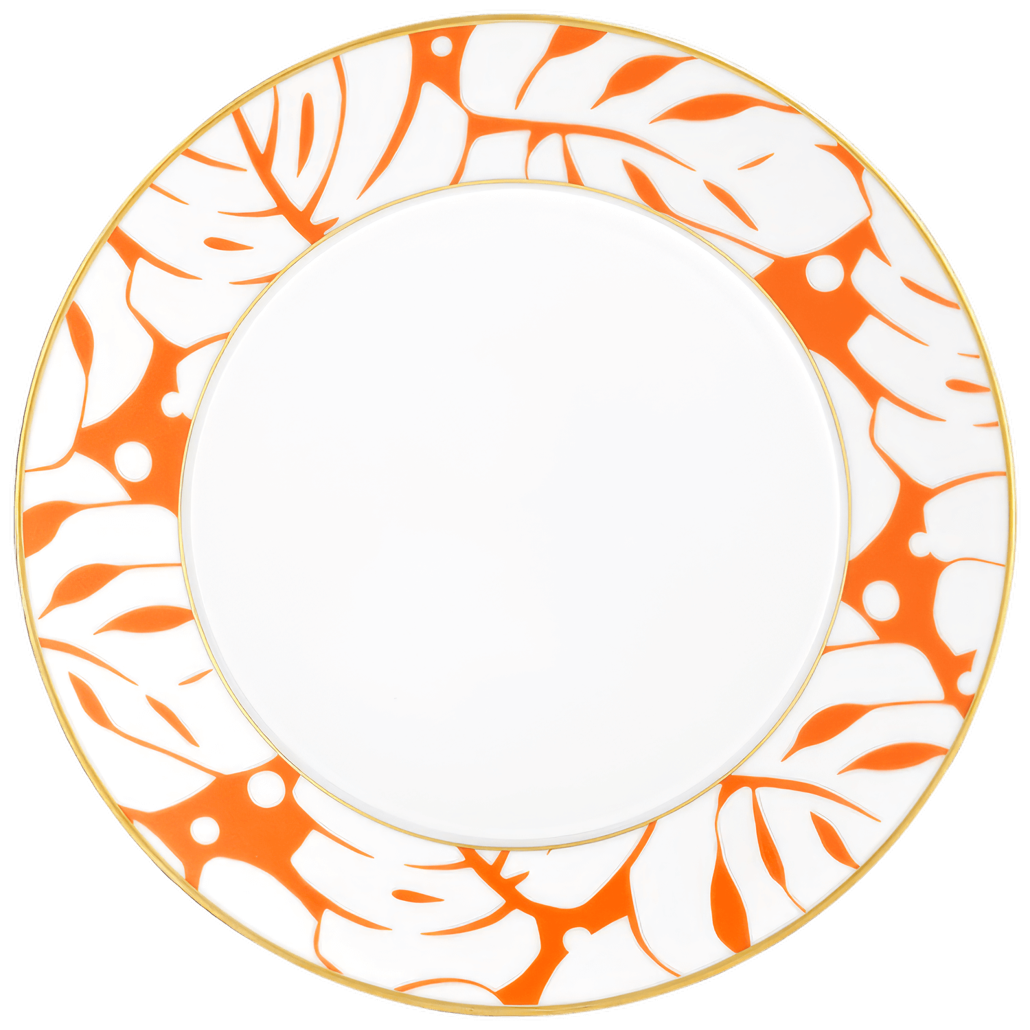 Weiße Porzellanteller mit orange-weißem, floralem Randmuster und goldenem Rand. Fürstenberg Porzellan.
