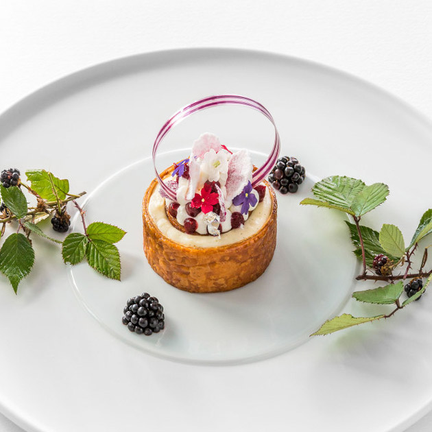Törtchen mit Blüten und Brombeeren, dekoriert auf weißem Teller. Fürstenberg Porzellan.