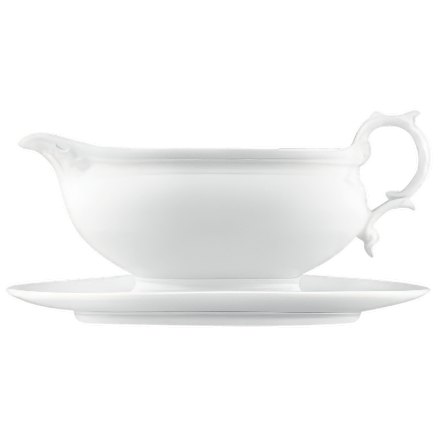 Weiße Sauciere steht auf passender Untertasse, klassisches Design, elegant geschwungen. Fürstenberg Porzellan.
