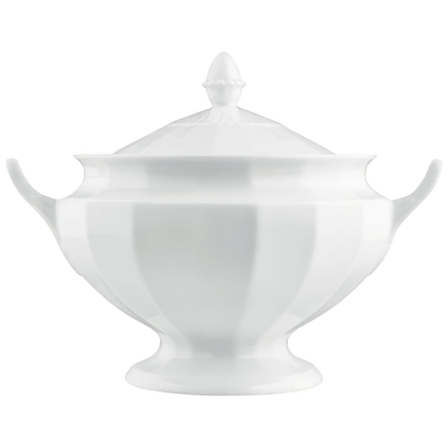Weiße Porzellansuppenschüssel mit Deckel und seitlichen Griffen, klassisches Design. Fürstenberg Porzellan.